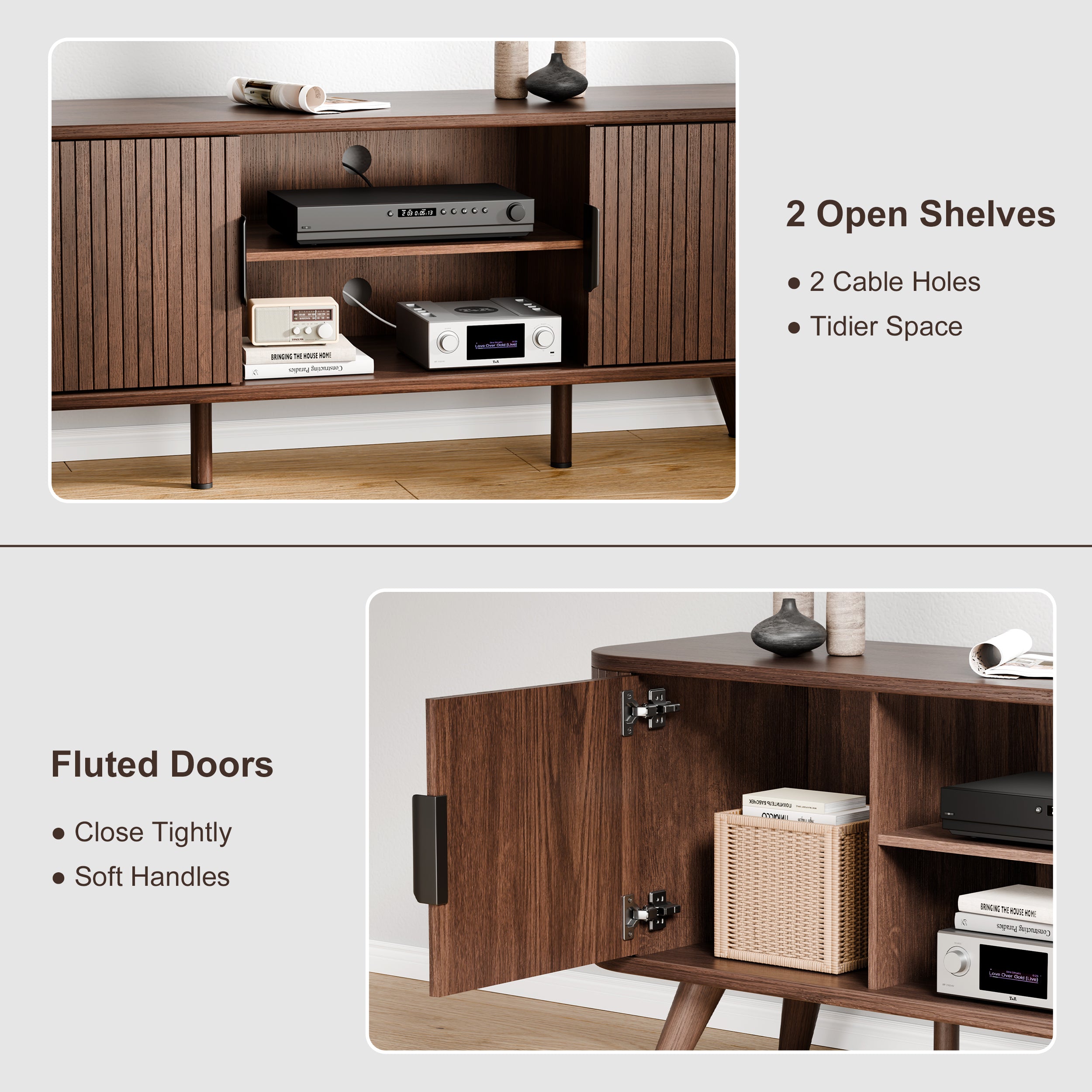 Walnut Entertainment Center for TVs up to 65 Inch Mid Century TV Console with Slatted Doors Large Storage Shelves Modern Wood Media Stand