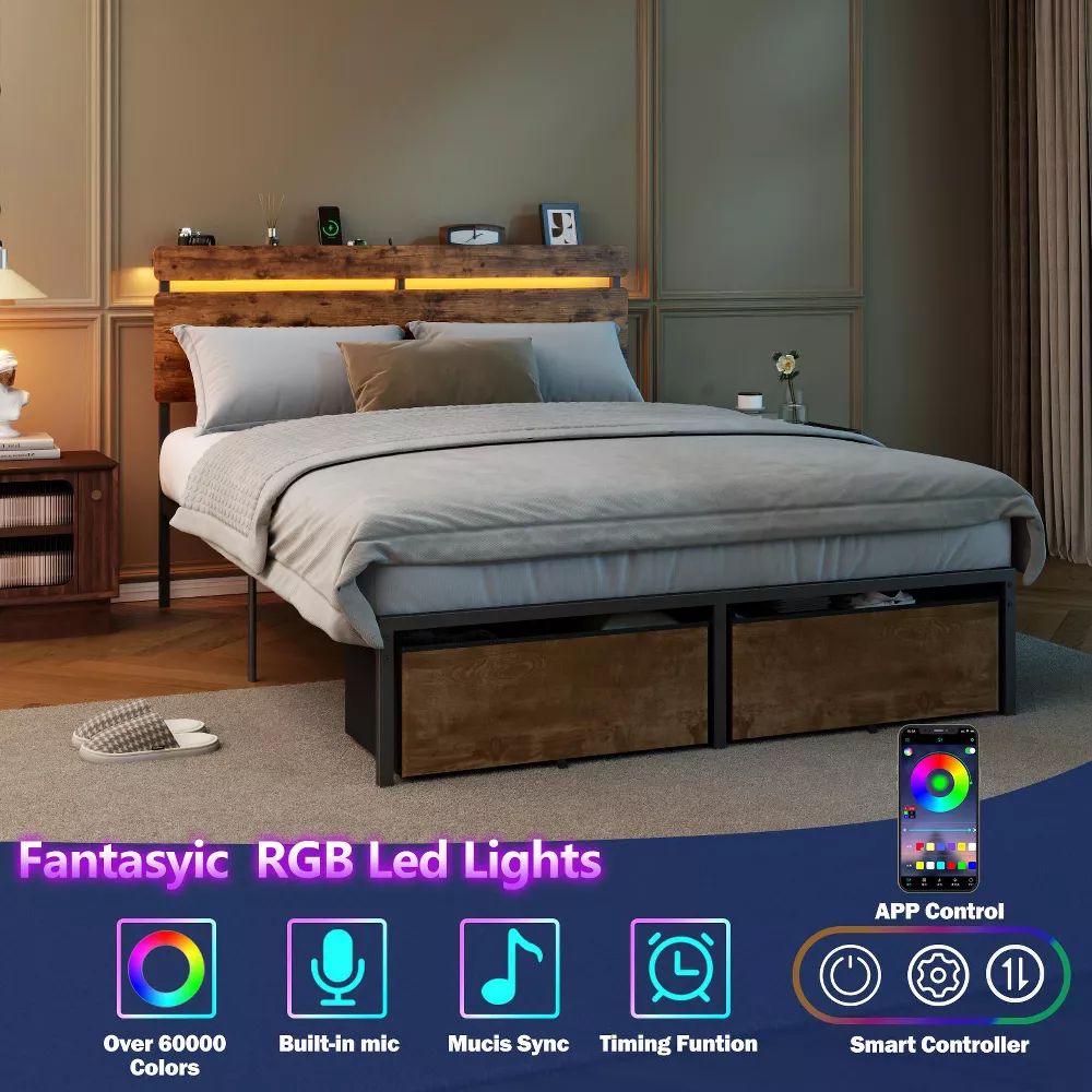 Bed Frame with Charging Station and LED Lights Vintage Brown Metal