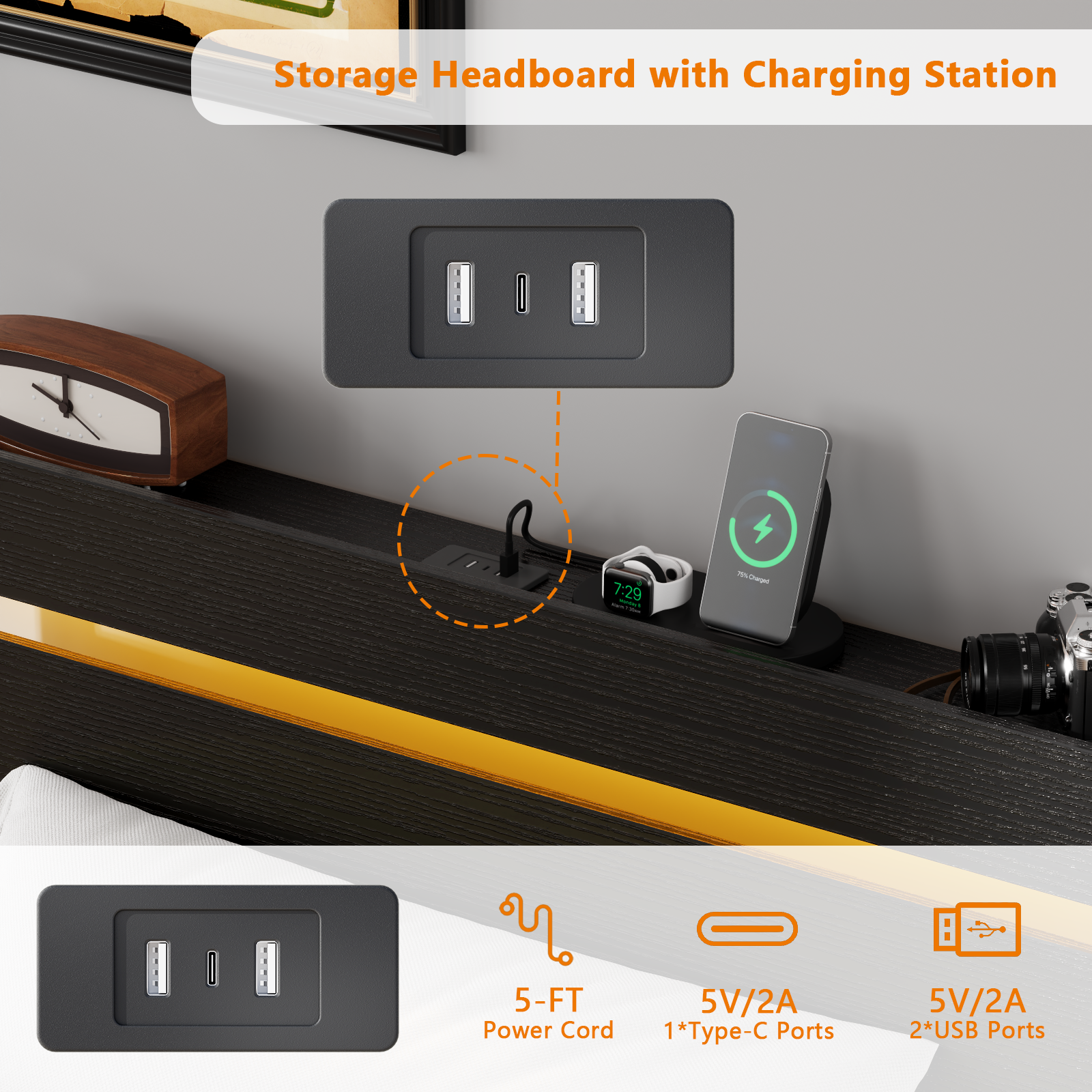 Twin Bed Frame with Wood Headboard Metal Platform Bed with 2 Storage Drawers Shelf Built-in Charging Station LED Lights No Box Spring Needed Black