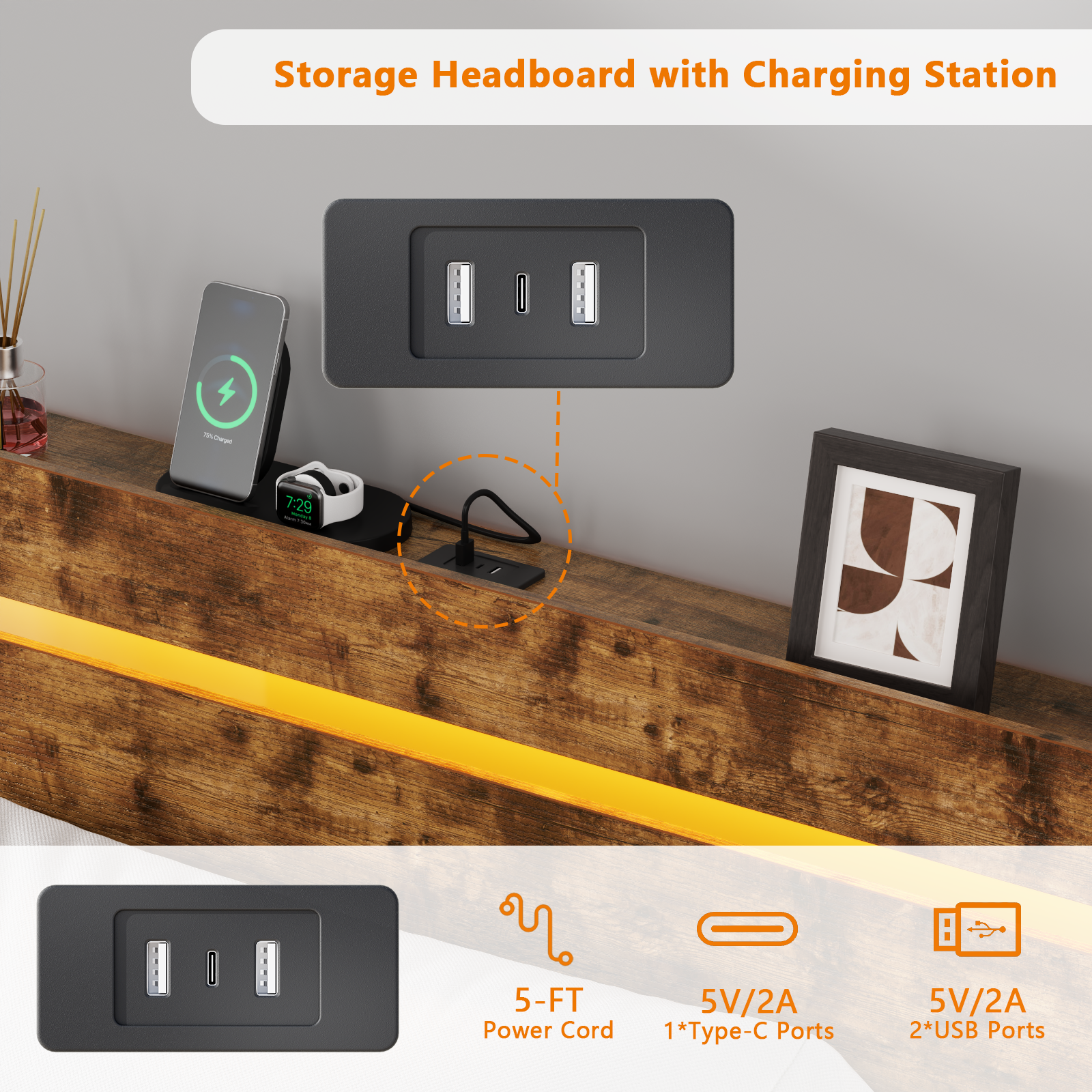 Twin Size Bed Frame with Wood Headboard Metal Platform Bed with 2 Storage Drawers Shelf Built in Charging Station LED Lights No Box Spring Needed