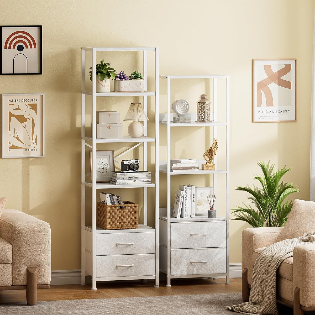 5-Tier Corner Shelf,Tall Narrow Bookshelf with Drawers,White