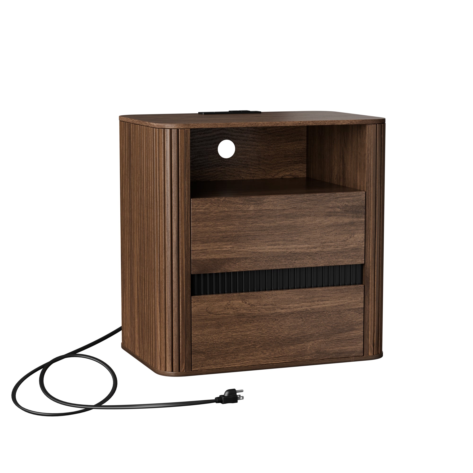 26 Inch Walnut Bedside Table with Charging Station 2 Drawers Rounded Roller Design Modern Nightstand Mid Century End Table Bedroom Dorm