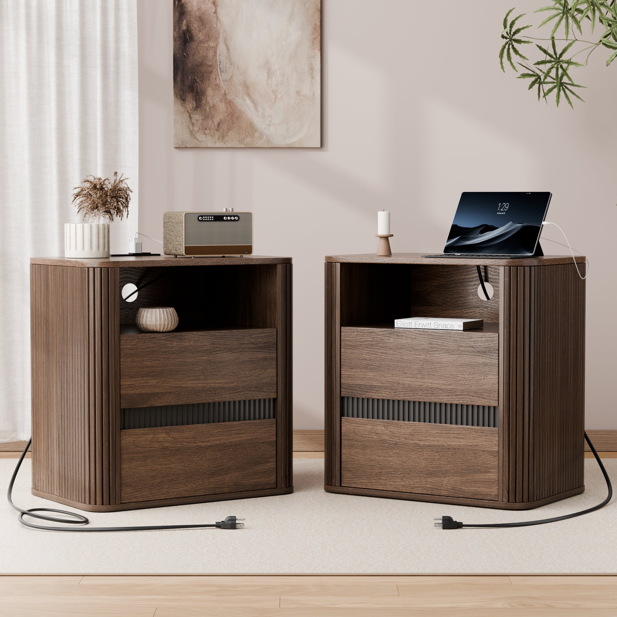 Mid Century End Table with Charging Station Walnut Wood 2 Drawers Nightstand Rounded Roller Design Modern Side Table Bedroom Living Room