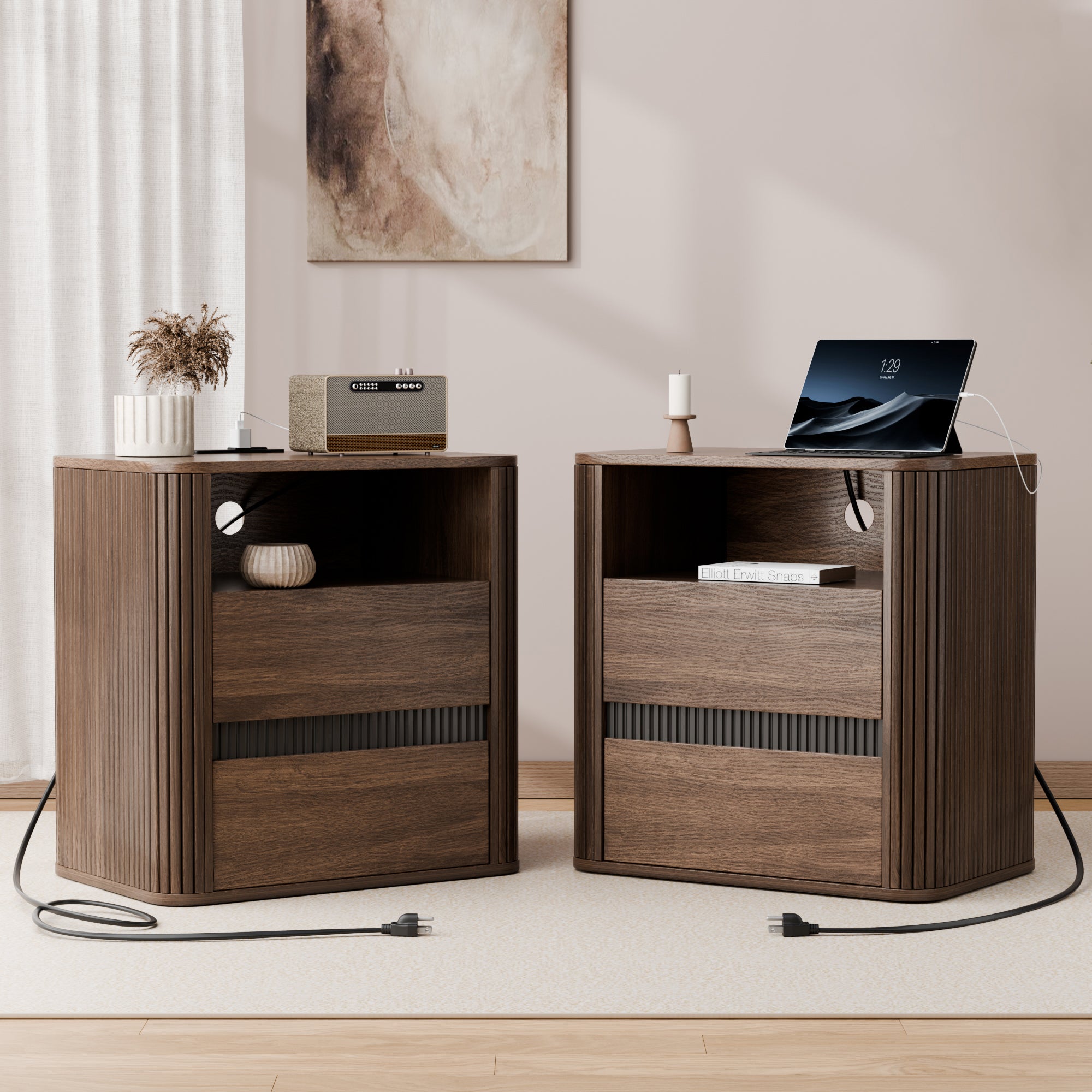 Walnut Nightstand with Charging Station and 2 Drawers Rolling Side Table for Bedroom Modern Wood End Table with Rounded Edges Living Room Furniture