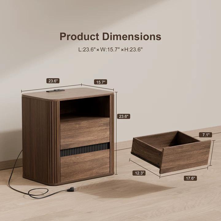 Walnut Nightstand with Charging Station and 2 Drawers Rolling Side Table for Bedroom Modern Wood End Table with Rounded Edges Living Room Furniture