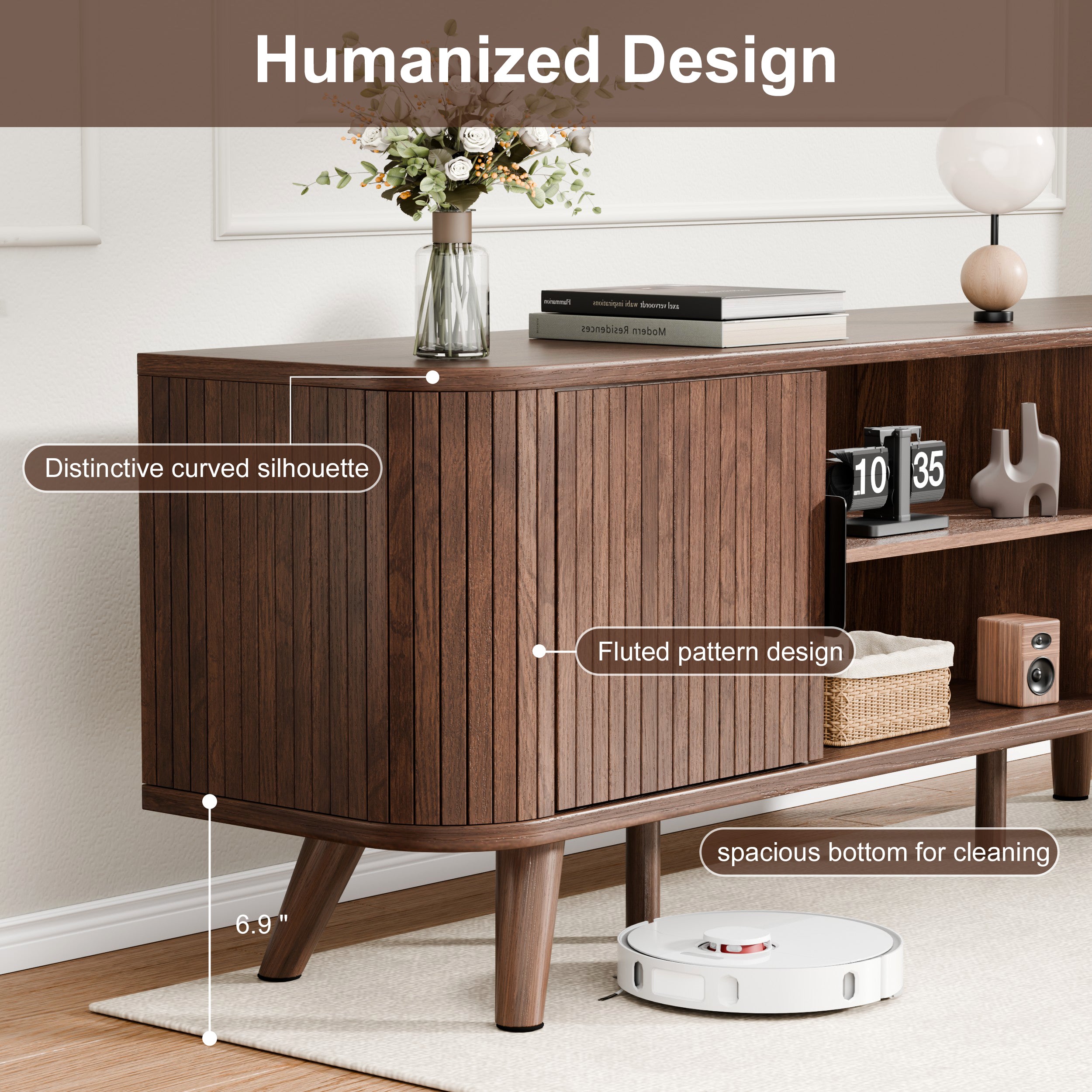 Curved Edge TV Stand Walnut Finish Media Console for 65 Inch TV Modern Fluted Door Credenza with Storage Mid Century Living Room Furniture