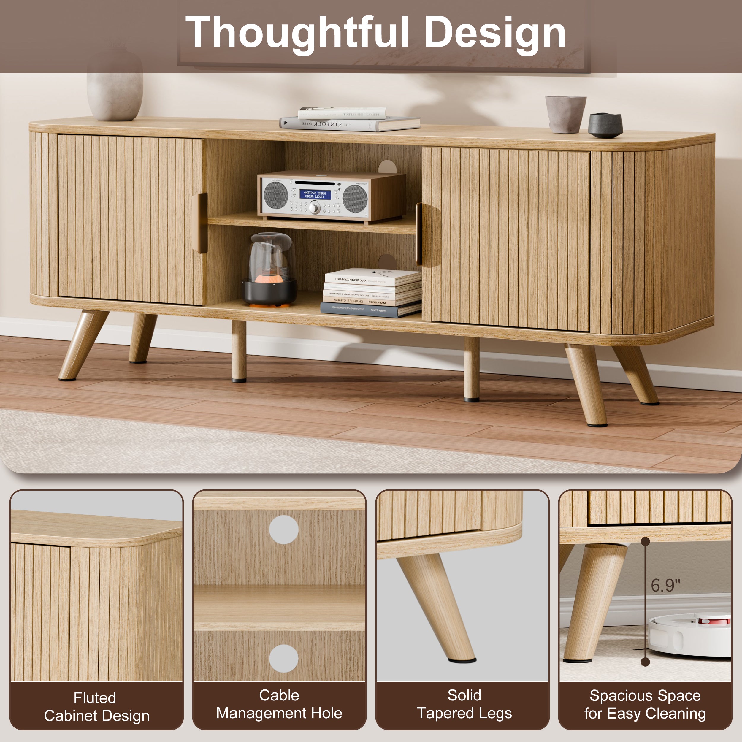 55 Inch Media Console for Bedroom Living Room Oak TV Stand for 65 Inch TV Mid Century Modern Cabinet Fluted Wood Detail Cable Management