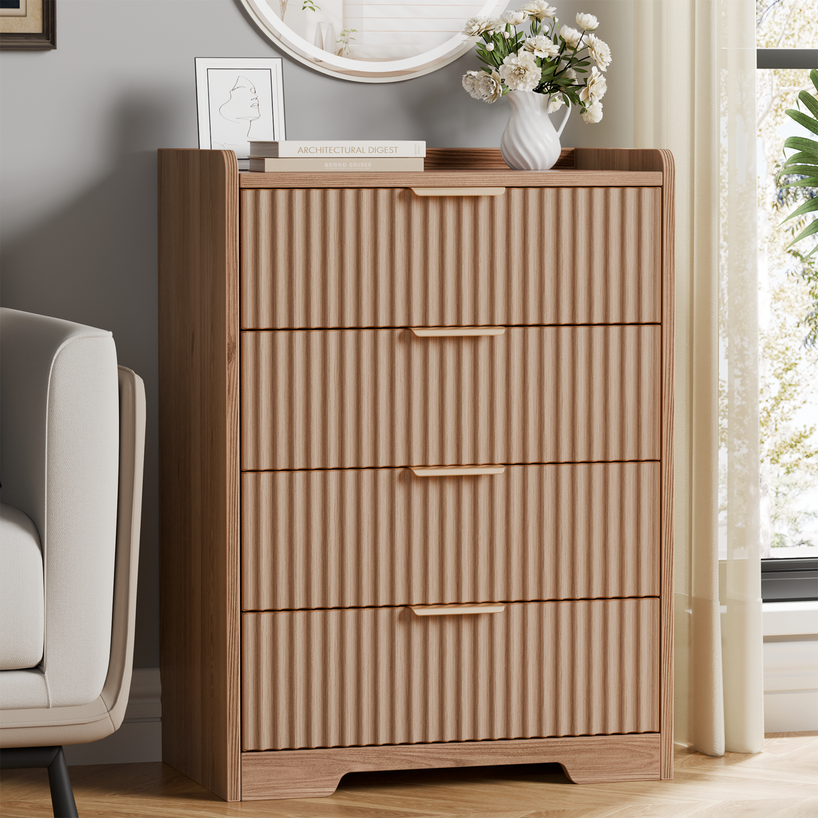 Furnulem Modern Ribbed 5-Drawer Chest – Wood Grain Bedroom Storage Dresser