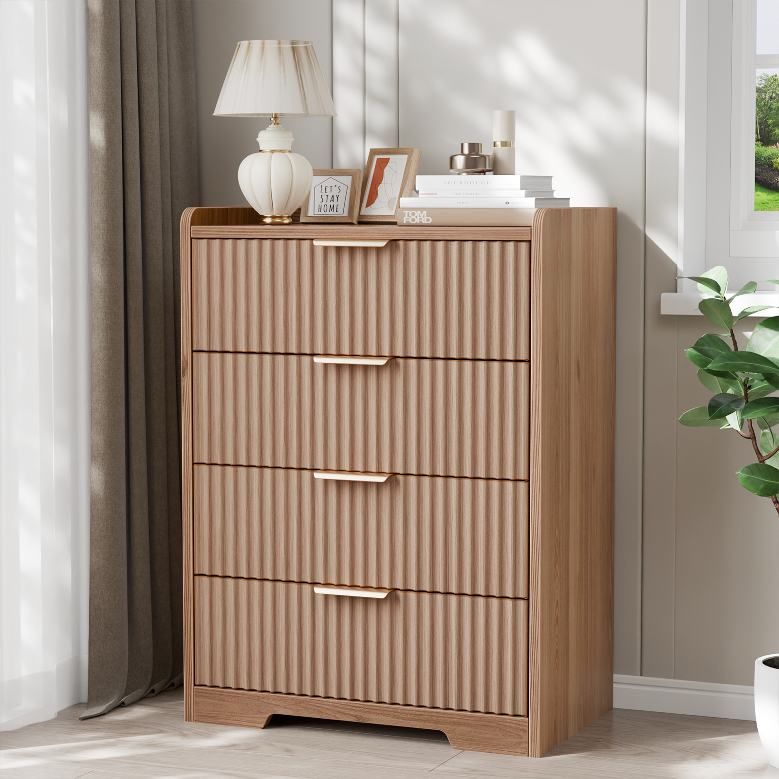 Furnulem Modern Ribbed 5-Drawer Chest – Wood Grain Bedroom Storage Dresser