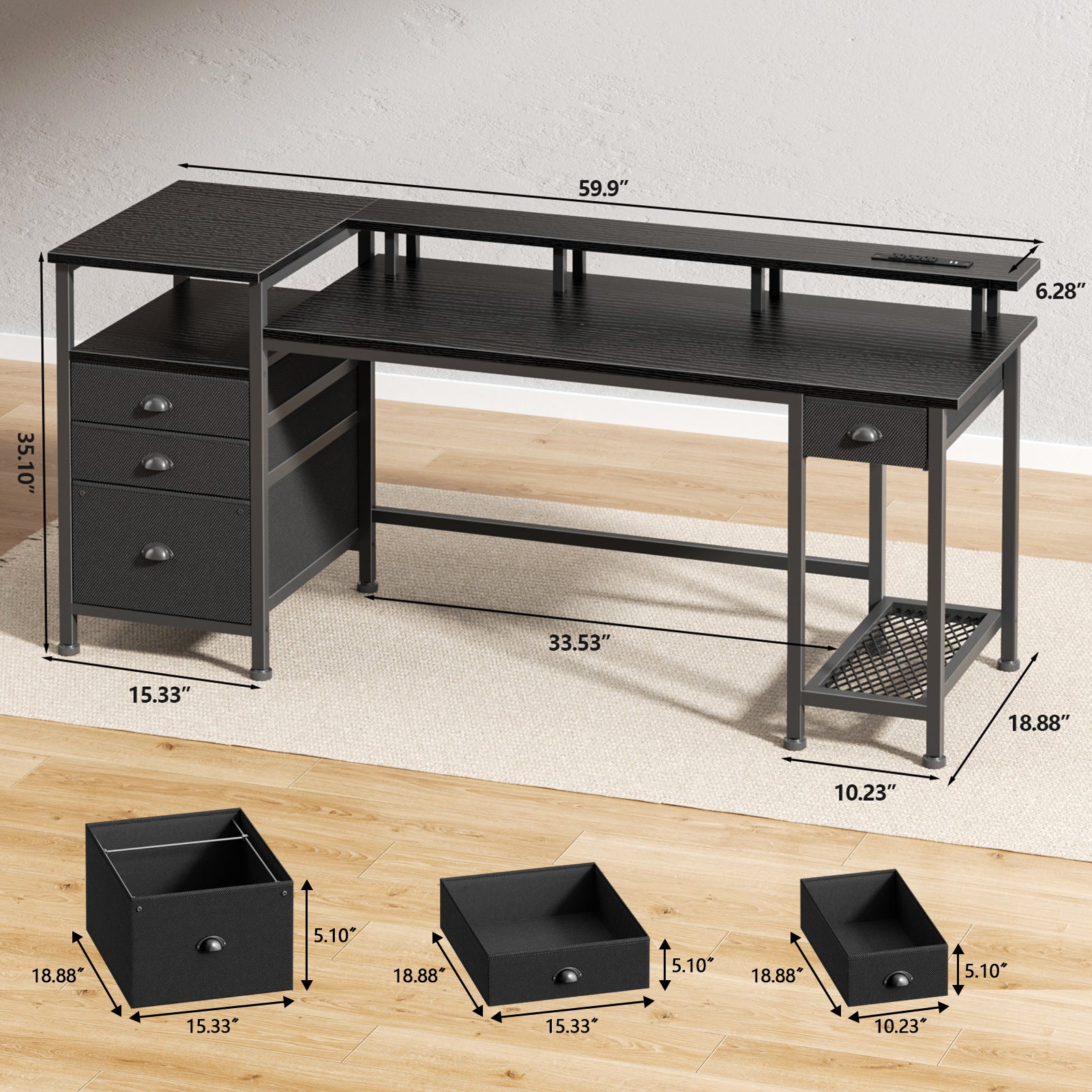 60 Inch Computer Desk with Charging Station LED Lights 4 Drawers Black Gaming Desk Printer Shelf Storage Home Office Work Table Fabric File Cabinet