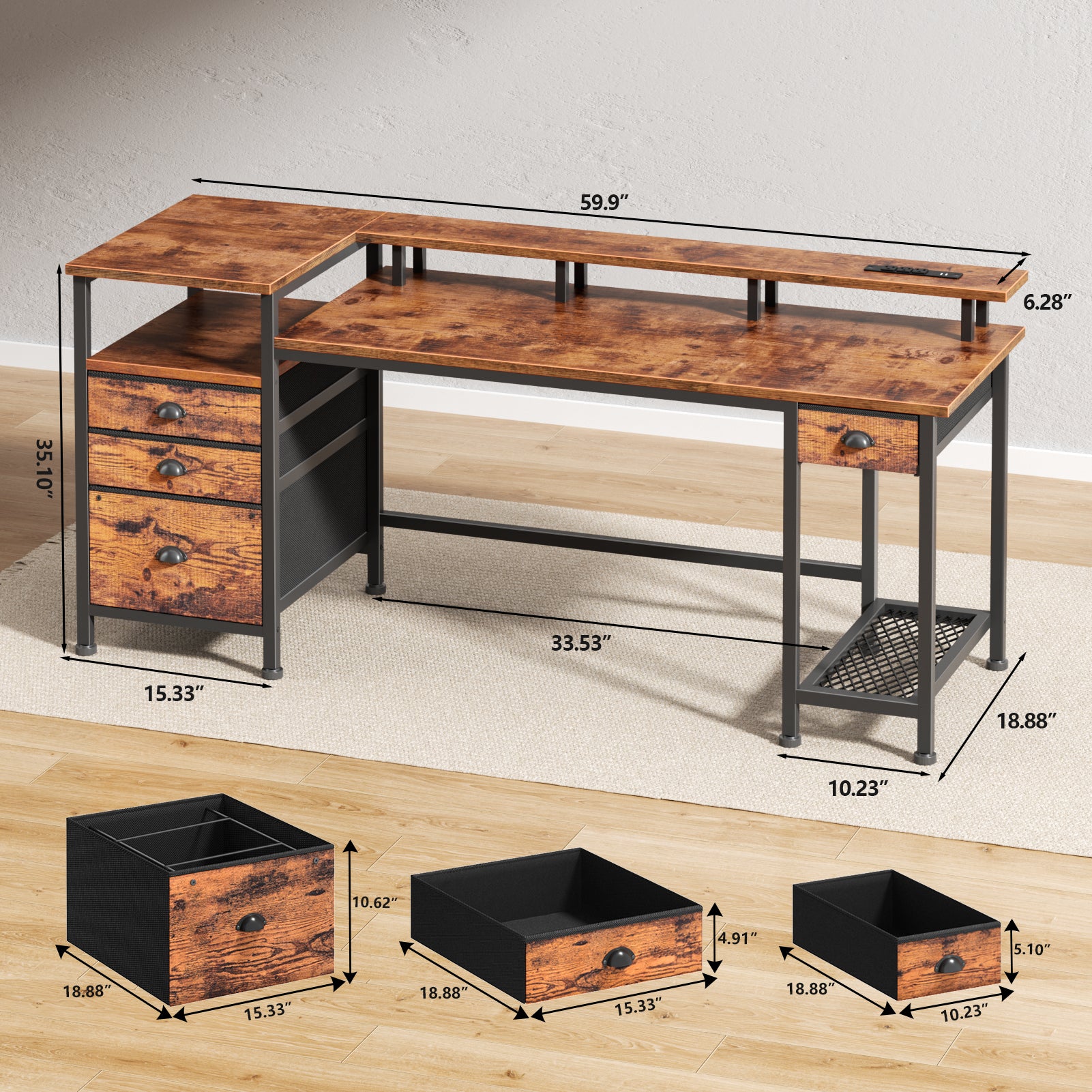 60 Inch Computer Desk with Charging Station Reversible Gaming Desk LED Lights File Cabinet Monitor Stand Rustic Brown Home Office 4 Drawers Shelf