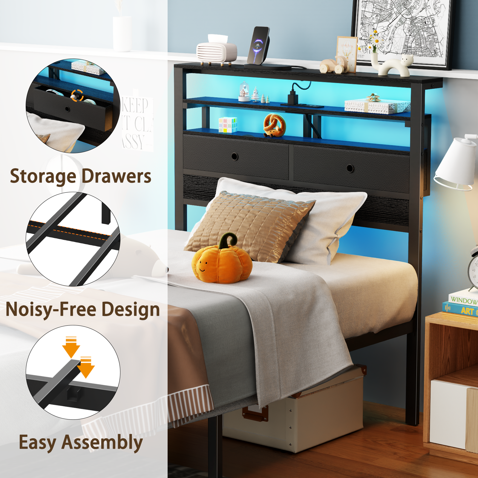 Twin Bed Frames with Charging Station and LED Lights Wood Headboard with 2 Fabric Drawers and Storage Shelves Platform Bed with Metal Slats