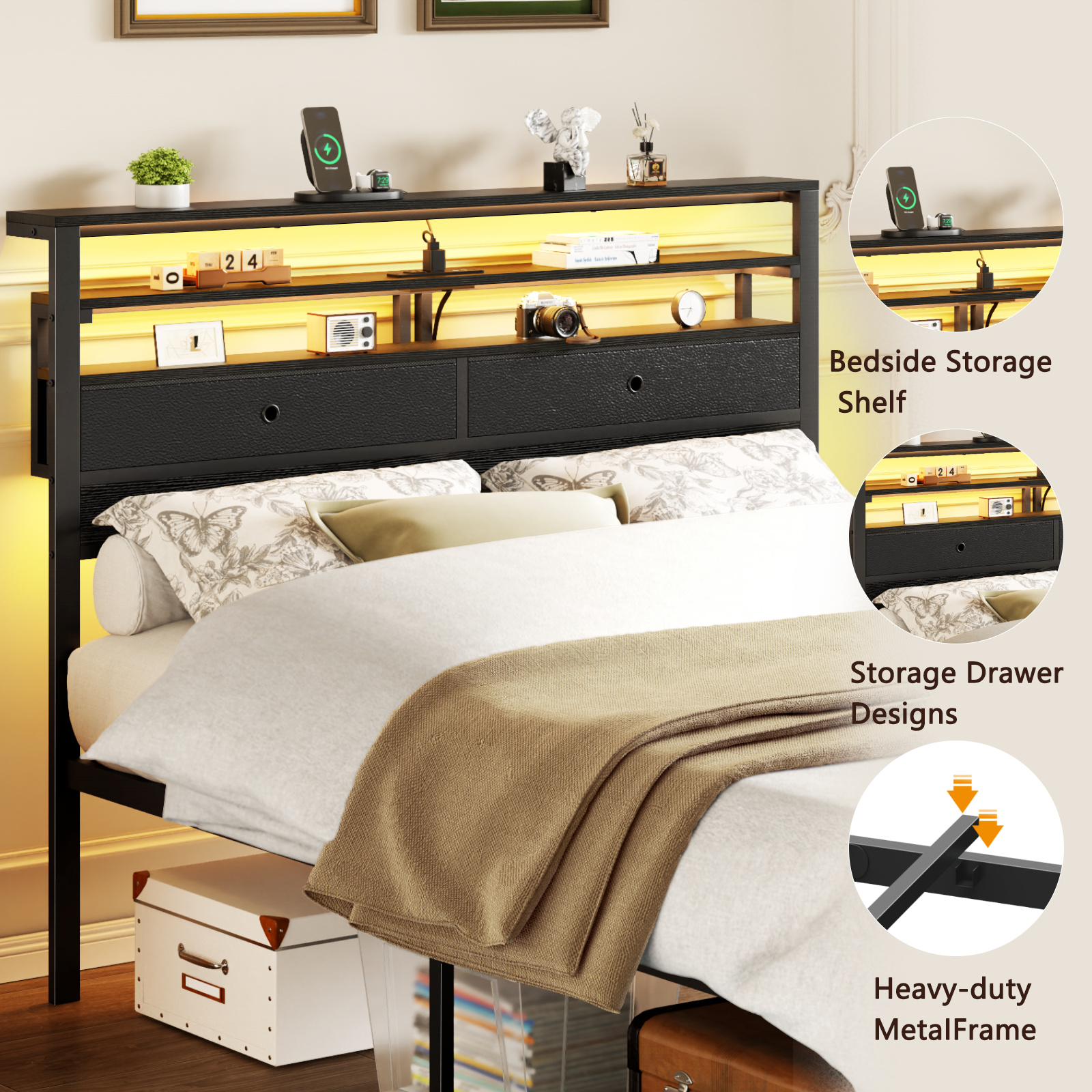Furnulem Queen Bed Frame with Headboard 2 Fabric Drawers Bed Frame Featuring LED Lights Built-in Charging Station Storage No Box Spring Needed