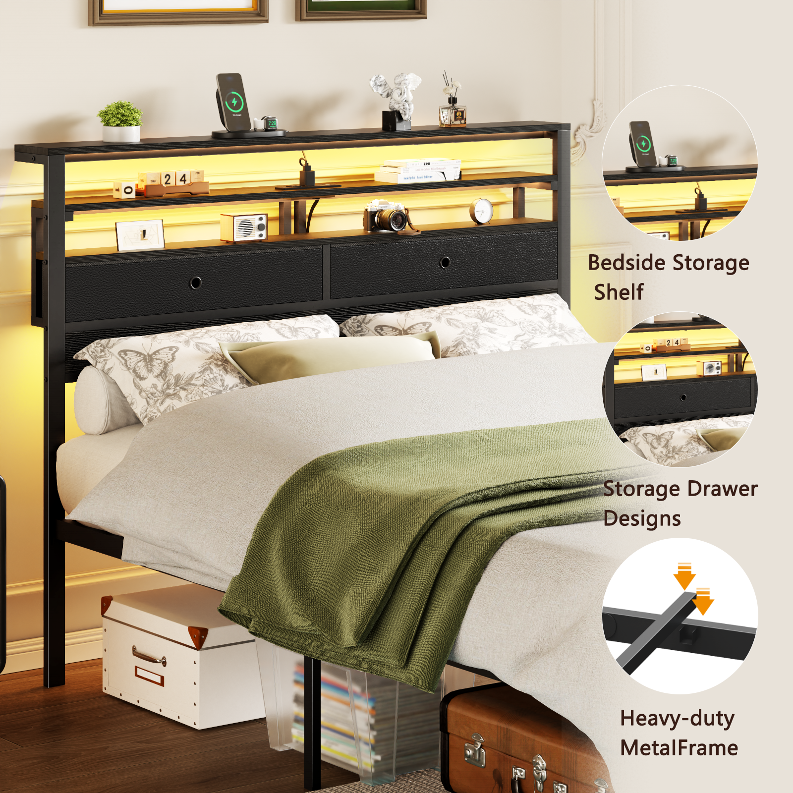 Furnulem Full Size Bed Frame with Headboard 2 Fabric Drawers Bed Featuring LED Lights Built-in Charging Station Storage Shelves No Box Spring Needed