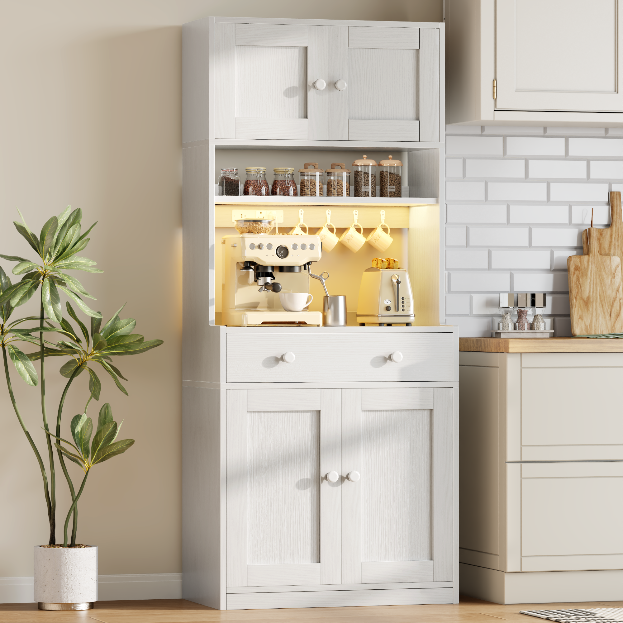 71 Inch Tall White Farmhouse Kitchen Pantry Storage Cabinet Freestanding Microwave Stand with Hutch Doors Drawers for Dining Room Furniture Addition