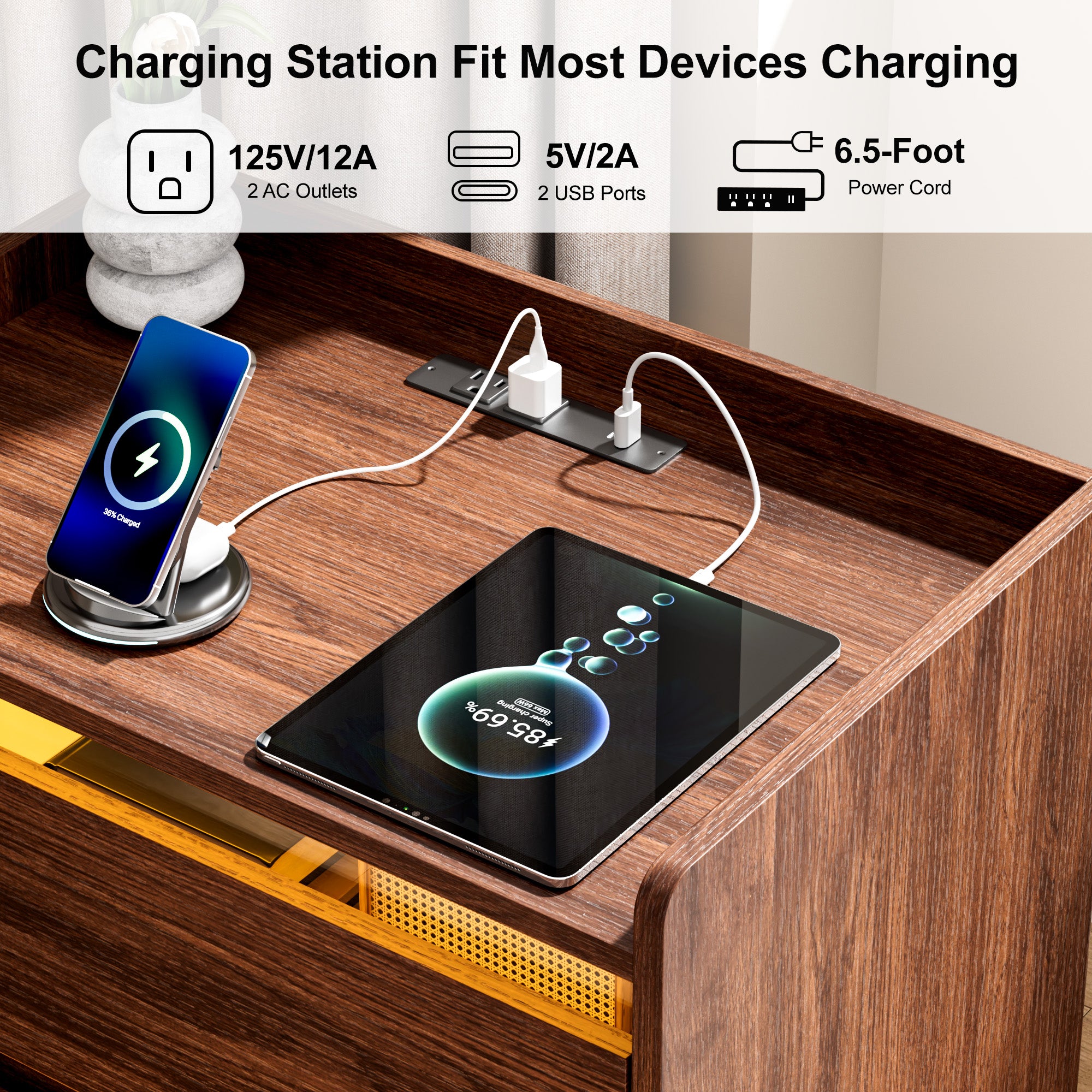 Qwatto Fluted Bedside Nightstand with Charging Station LED Light 2 Drawer Storage Cabinet Walnut Modern Side Table Bedroom Storage Cabinet