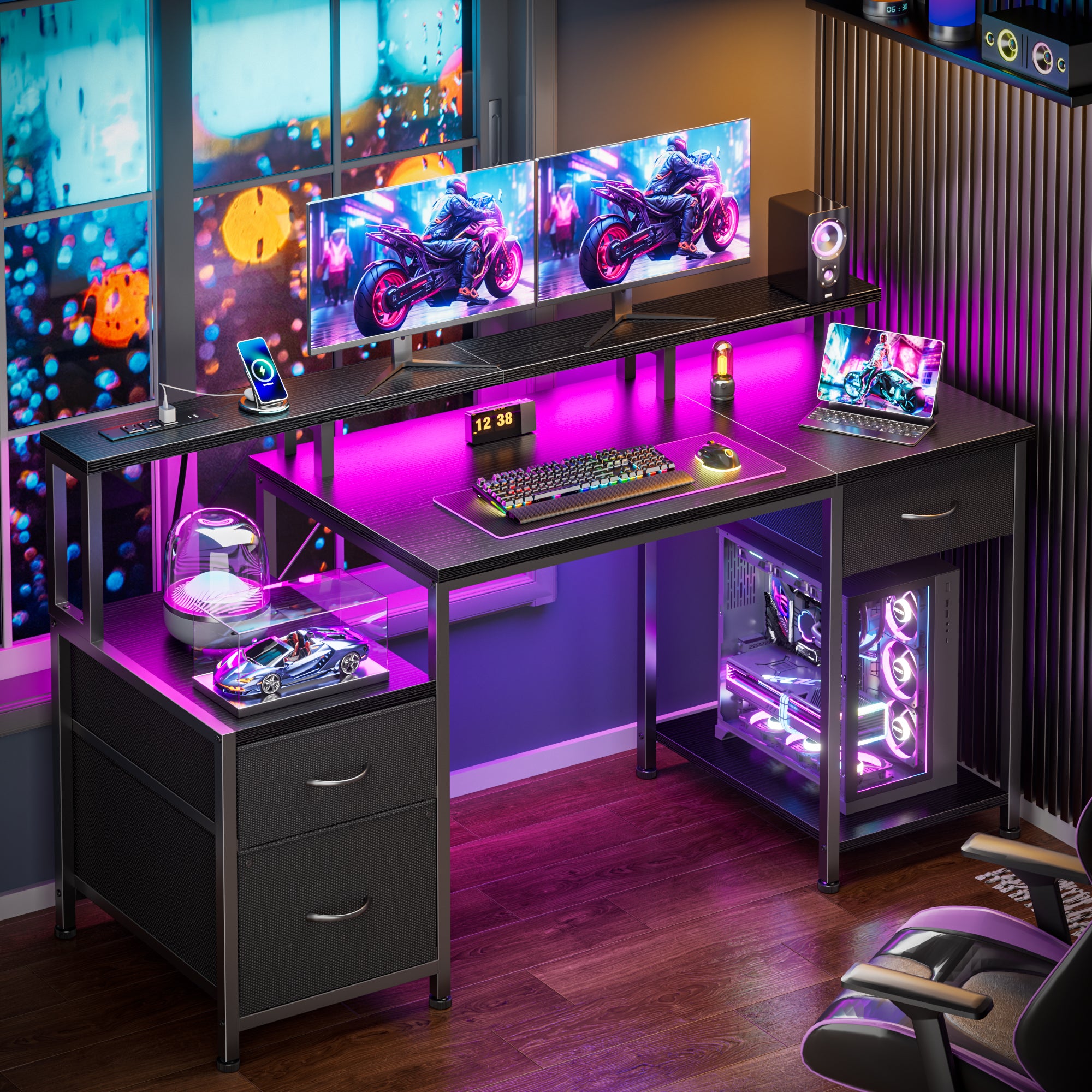 Qwatto 55" Black Computer Desk with 3 Adjustable Drawers and Monitor Stands Gaming Table Home Office Study Writing Workstation with Storage Shelving