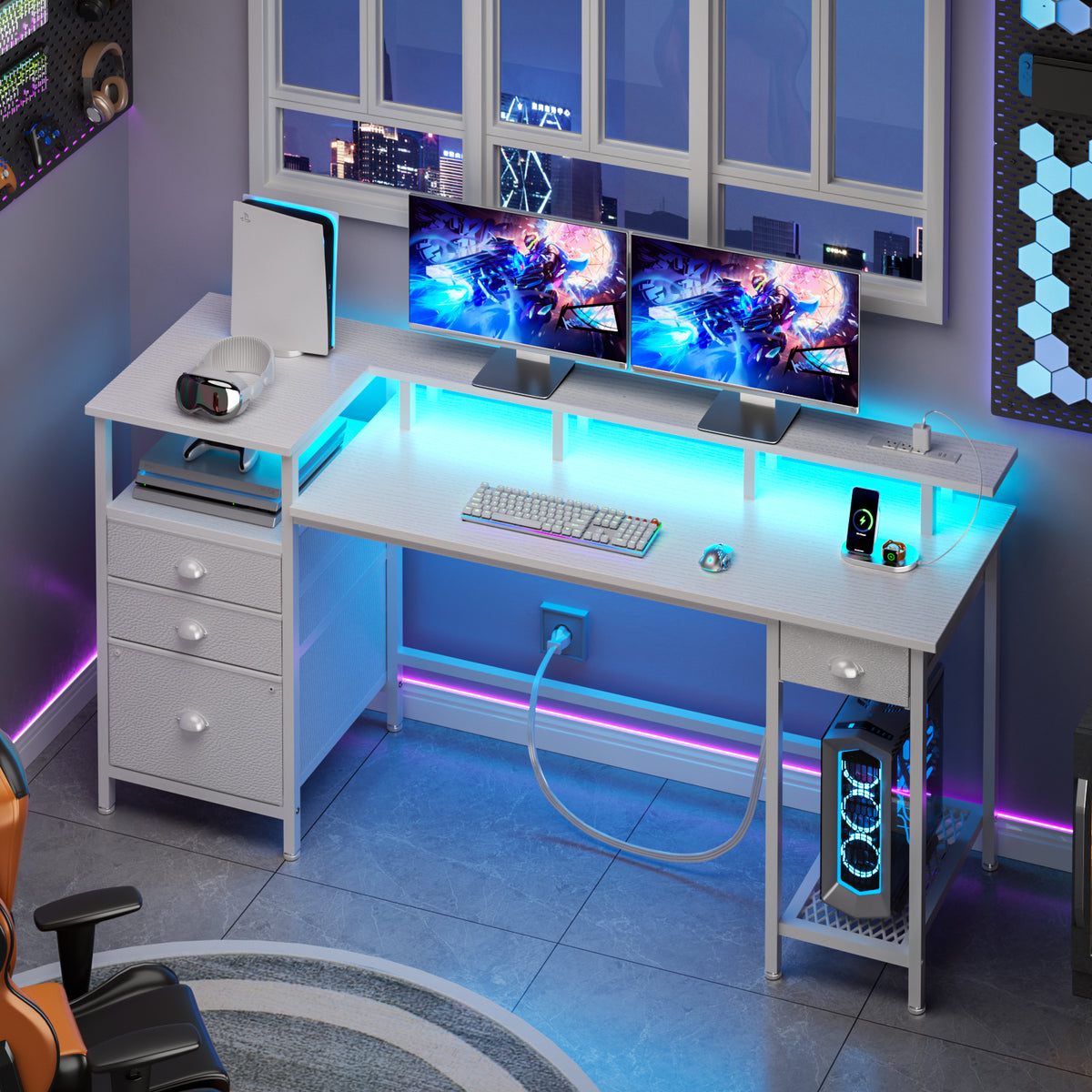 60 Inch White Computer Desk with Charging Station Gaming Desk LED Ligh