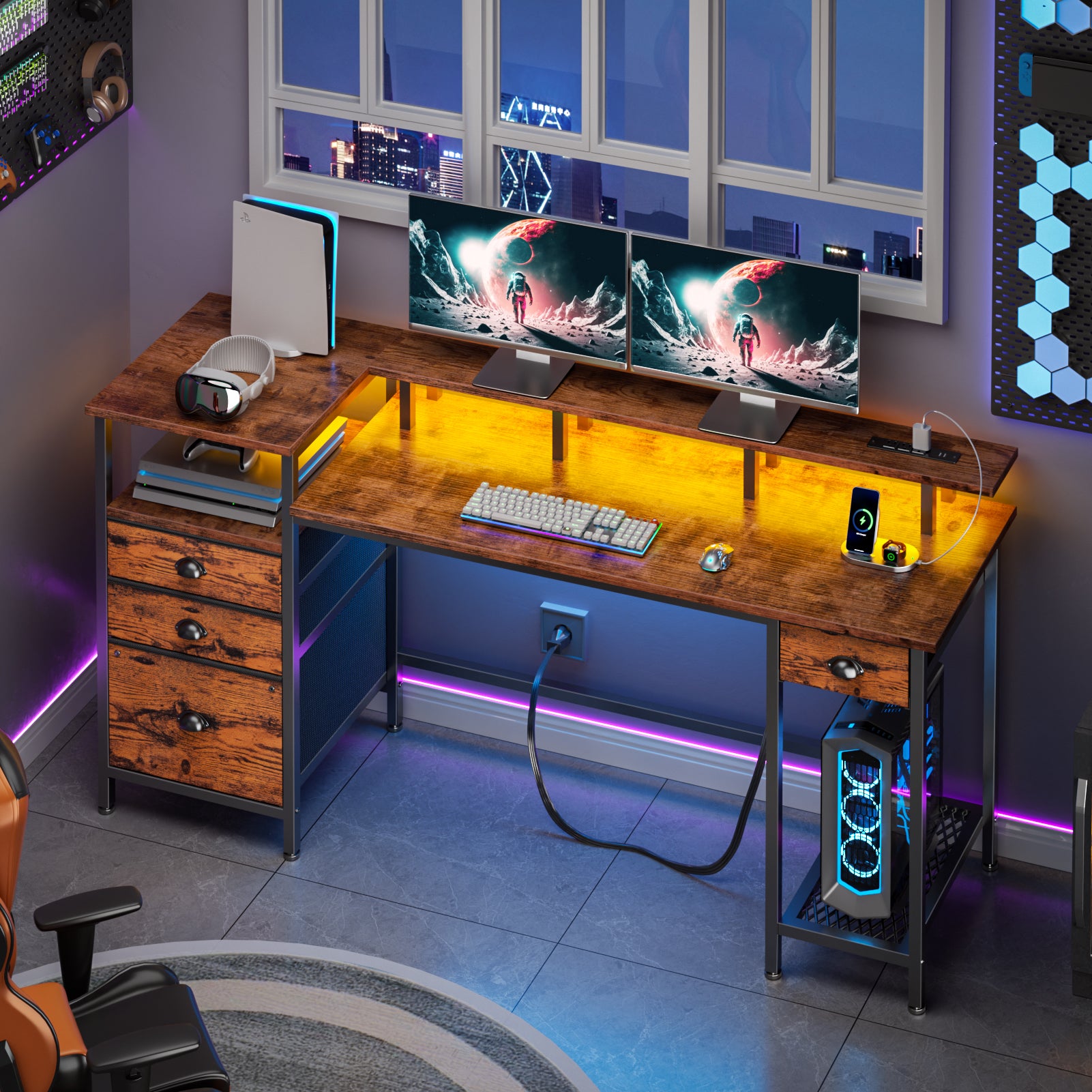 60 Inch Computer Desk with Charging Station Reversible Gaming Desk LED Lights File Cabinet Monitor Stand Rustic Brown Home Office 4 Drawers Shelf