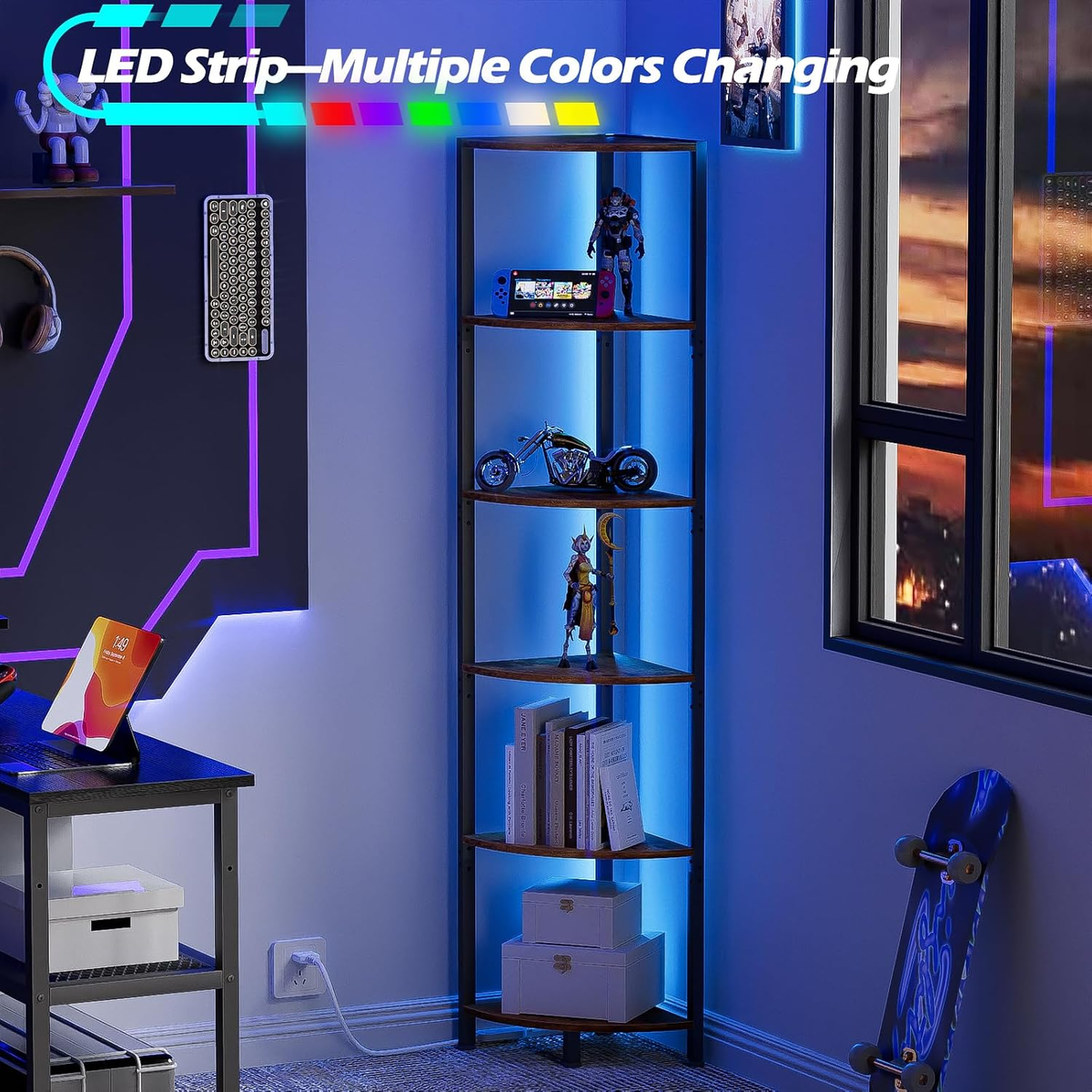 6 Tier Corner Shelf with LED Light, 67.5" Corner Narrow Bookshelf