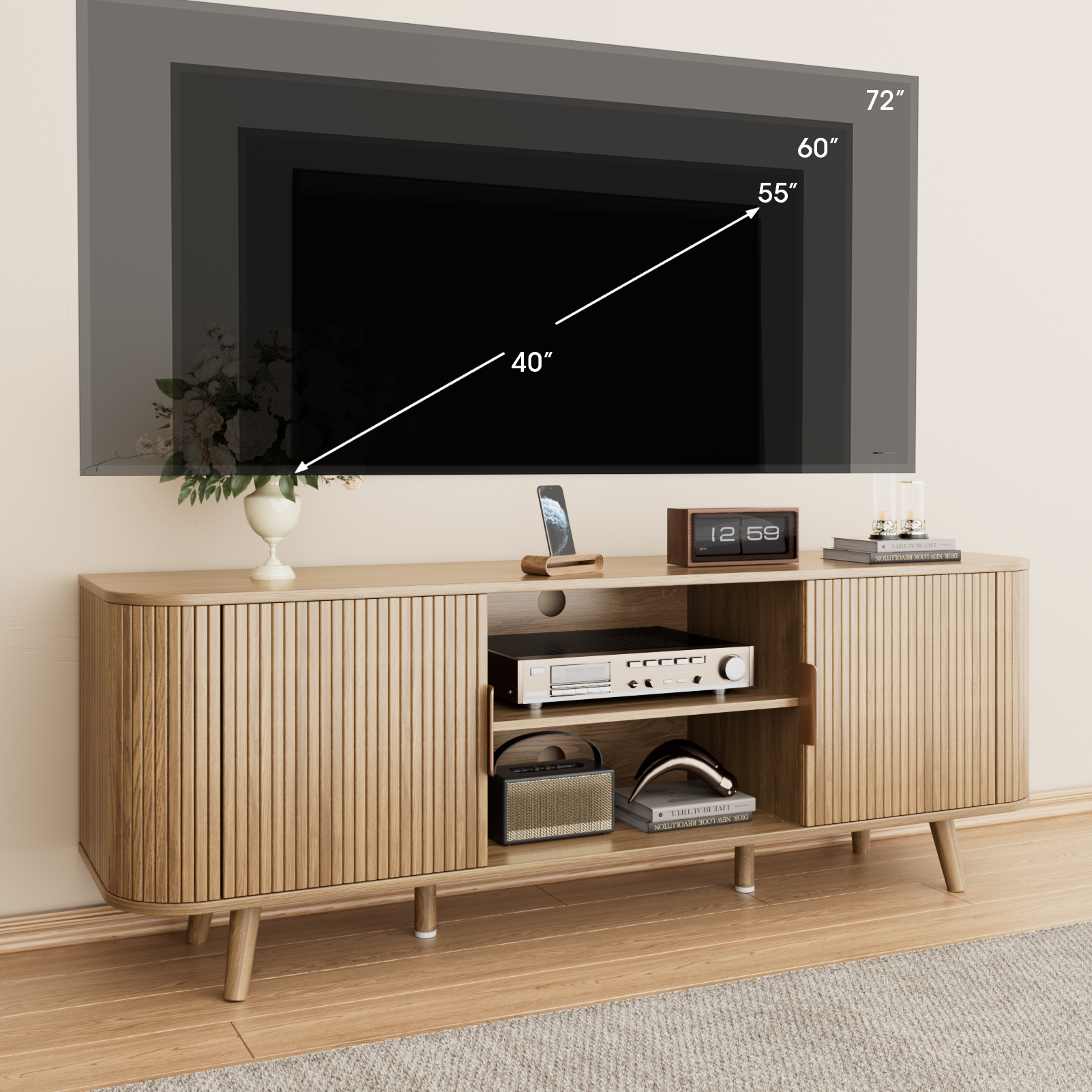 55 Inch Tambour Door TV Stand Oak Wood Media Cabinet for 65 Inch TV Arc Curved Edge Design Mid Century Modern Console with Open Shelves