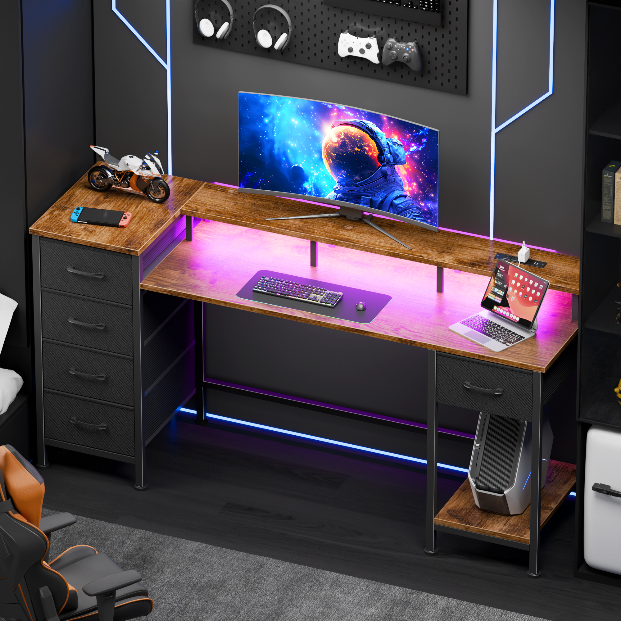 Qwatto 55 Inch Computer Desk with Charging Station Reversible Gaming Desk LED Lights Fabric Drawers Home Office Writing Table Bedroom Study Storage