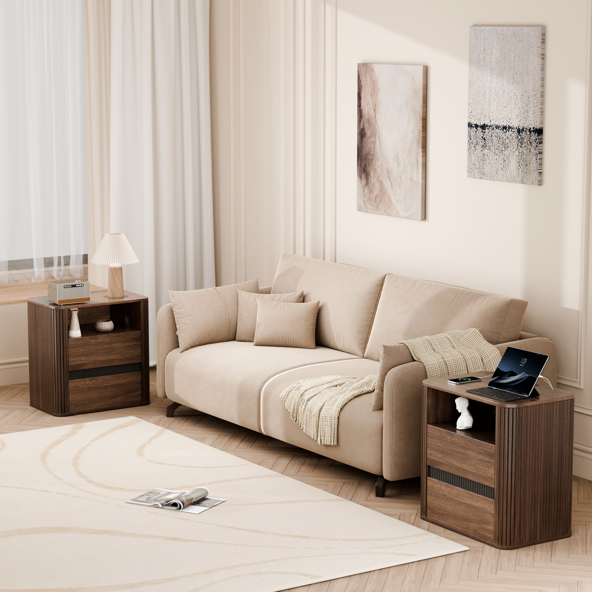 Wide Walnut Nightstand with Charging Station 2 Drawers Roller Shutter Storage Modern Bedside Table Rounded End Table Bedroom Office 26 Inch