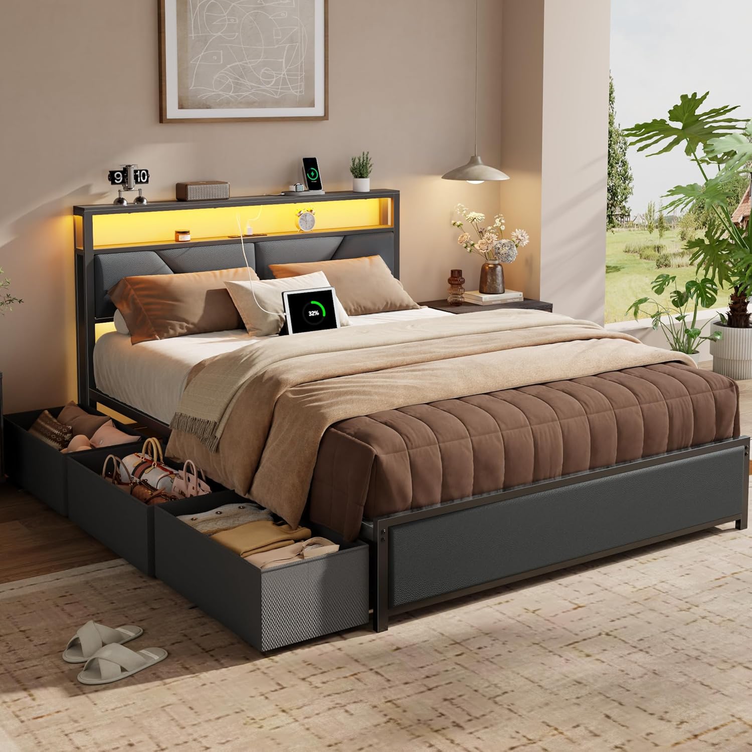 Queen Size Bed Frame with Storage Headboard and 6 Drawers Metal Platform Bed Frame with Charging Station and LED Lights PU Leather Upholstered