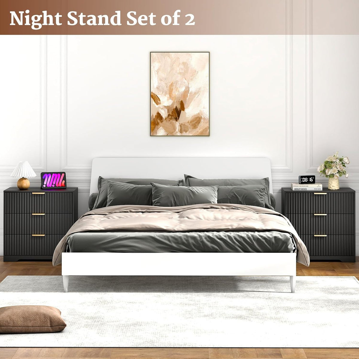 Black 3 Drawer Nightstand Fluted Wood Bedside Table Modern Storage Cabinet Wide Bedroom Dresser Accent Furniture Large 27 Inch Chest Organizer