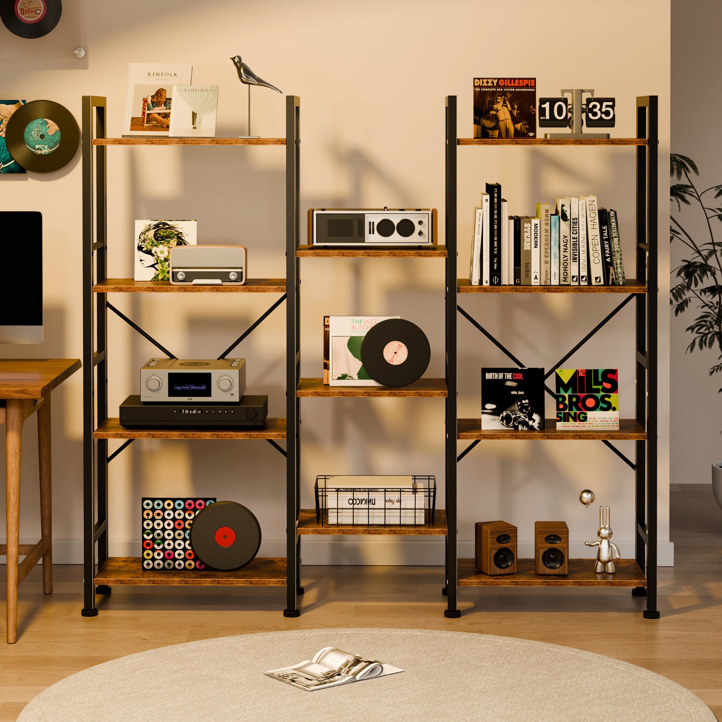 Qwatto Brown Triple 4 Tier Bookshelf 11 Open Display Shelves Wood Metal Storage Organizer Industrial Wide Shelving Unit Home Office Etagere Bookcase