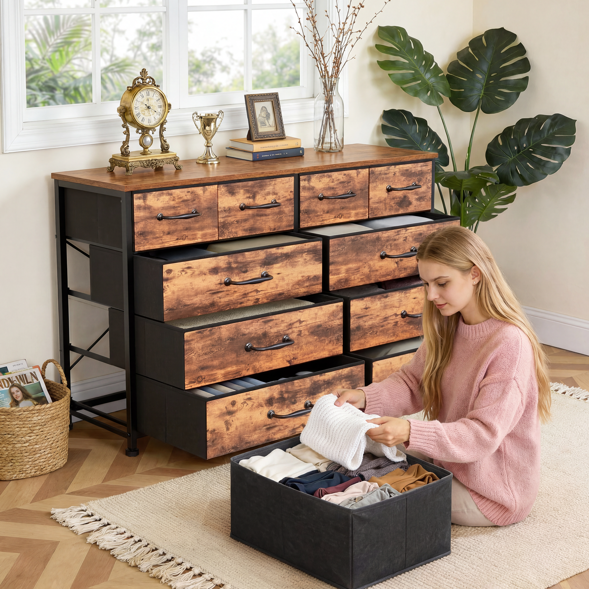 Dresser for Bedroom with 10 Fabric Dresser TV Stand for 40-45-50 inch Tv Dressers Chest of Drawers for Living Room Hallway Entryway Metal Frame Brown