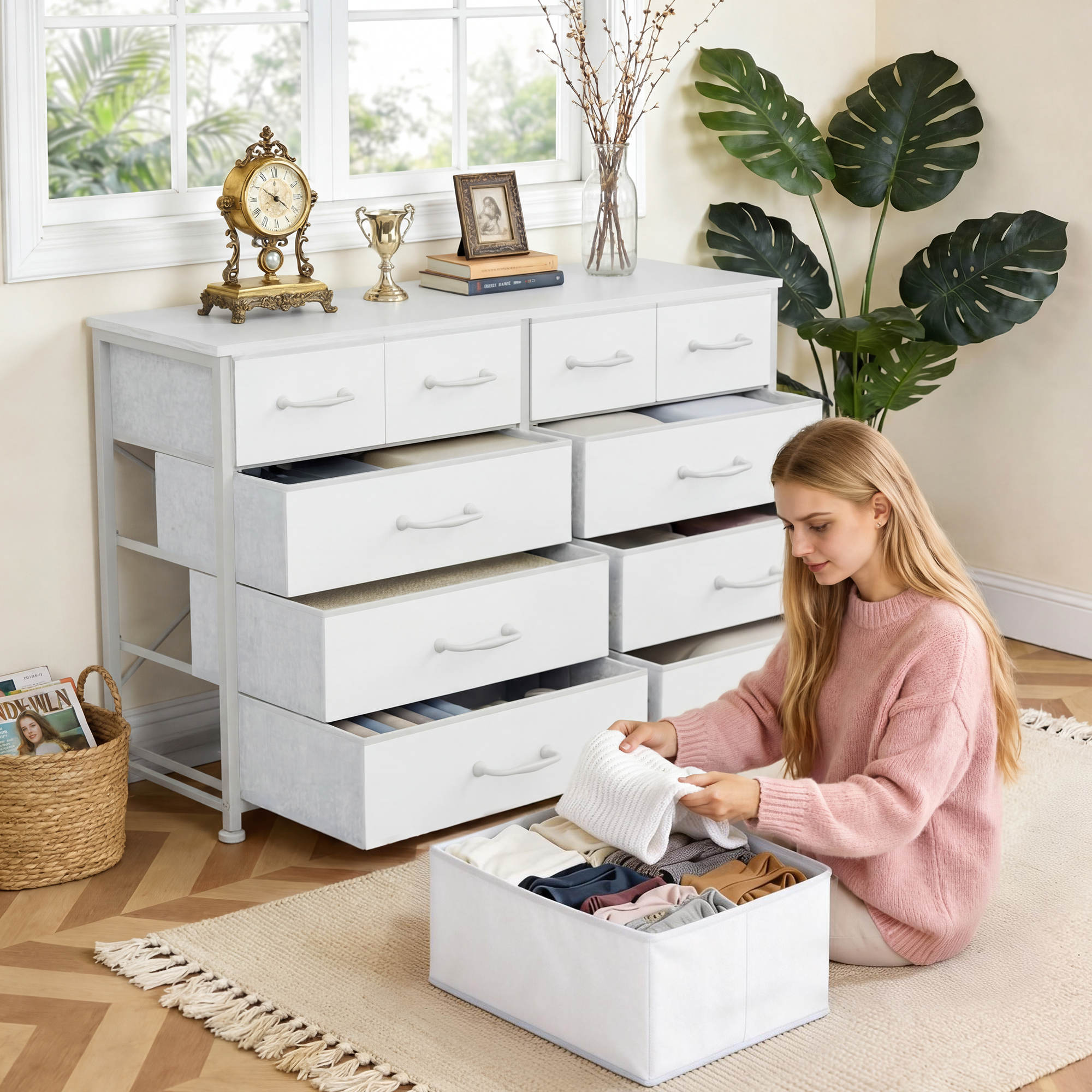 White Dresser for Bedroom with 10 Drawer Entertainment Center for 40-45-50 inch Modern Tv Stand & Chest of Drawers for Living Room Hallway Entryway