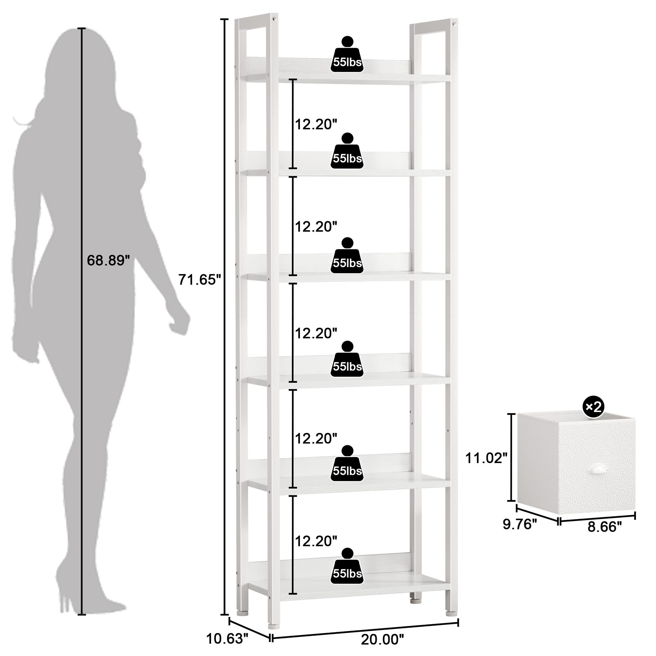 Modern 71 Inch Tall 6 Tier Bookshelf with Two Drawers Wooden Metal Freestanding Bookcase Display Storage Organizer for Home Office Living Room White