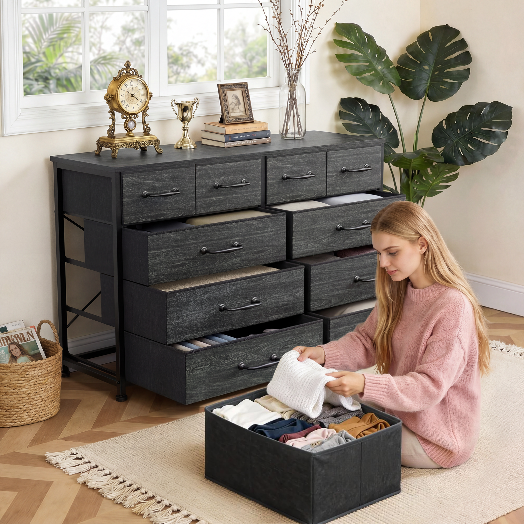 Black 10 Drawer Dresser TV Stand for 50 Inch TV Wide Fabric Storage Chest Media Console Entertainment Center Bedroom Living Room Organizer