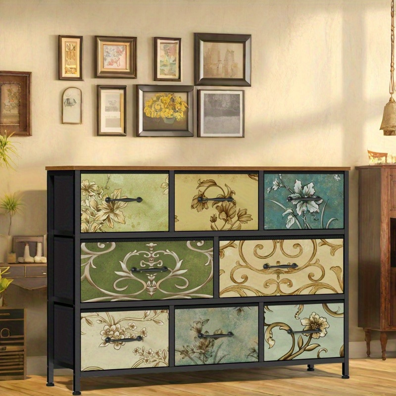 8 Drawer Dresser Wide Fabric Chest of Drawers Vintage Closet Clothes Storage Wooden Top Furniture for Bedroom Living Room Hallway