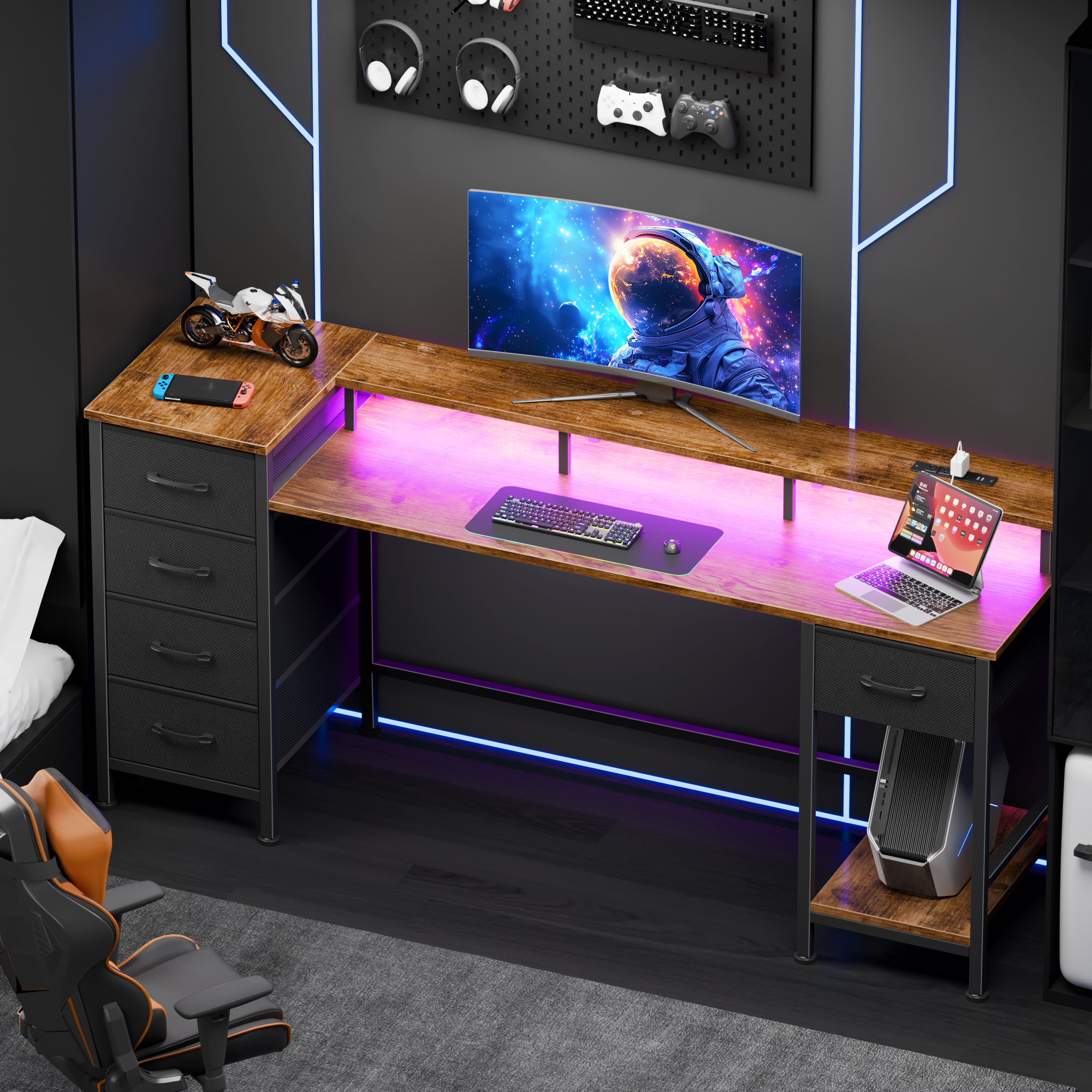 61 Inch Brown Computer Desk with Charging Station Gaming Desk LED Lights Reversible 5 Fabric Drawers Home Office Writing Table Study Storage