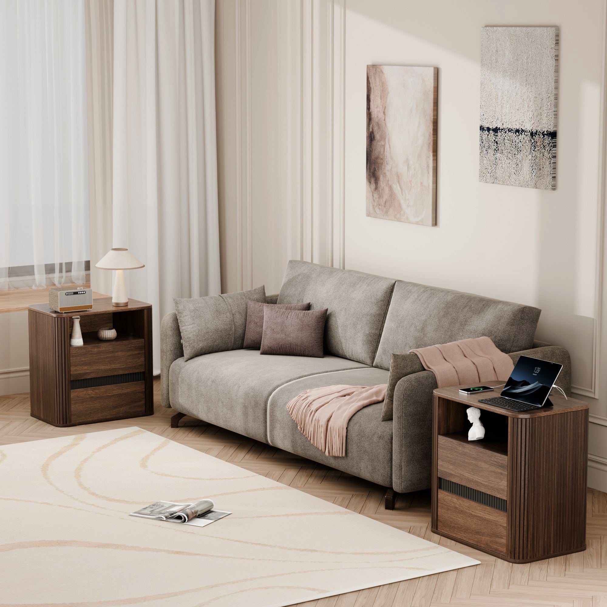 Walnut Nightstand with Charging Station and 2 Drawers Rolling Side Table for Bedroom Modern Wood End Table with Rounded Edges Living Room Furniture