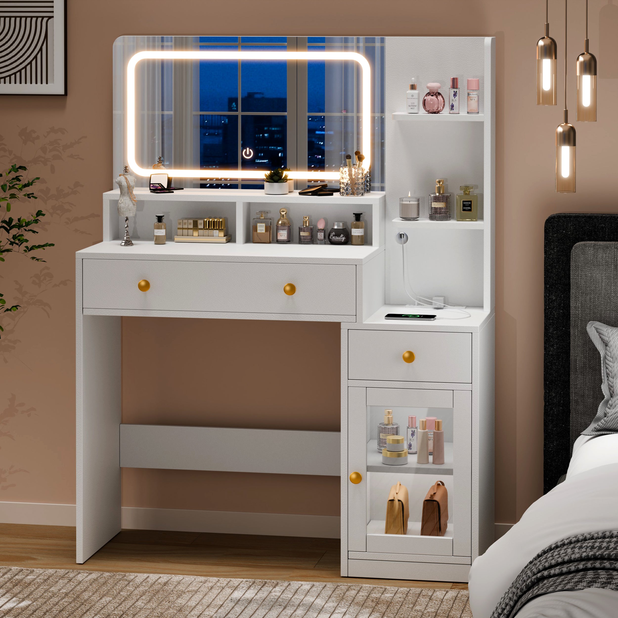 Modern White Makeup Vanity Desk with LED Lighted Mirror Charging Station 2 Outlets USB Type C 2 Drawers 3 Shelves Acrylic Cabinet Bedroom Vanity Set