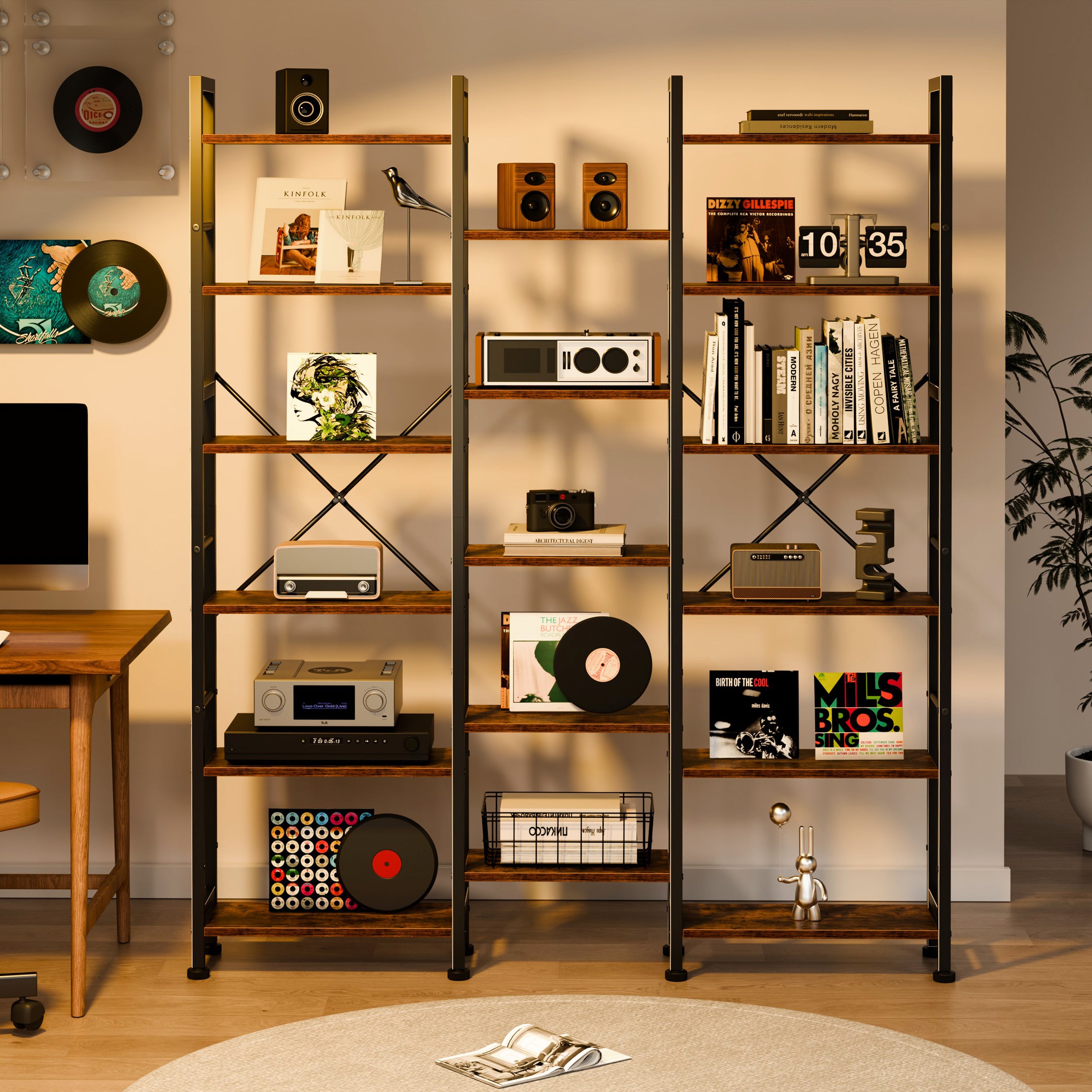 Qwatto Brown 6 Tier Bookshelf 17 Open Display Shelves Wood Metal Storage Organizer Industrial Wide Shelving Unit Freestanding Etagere in Home Office