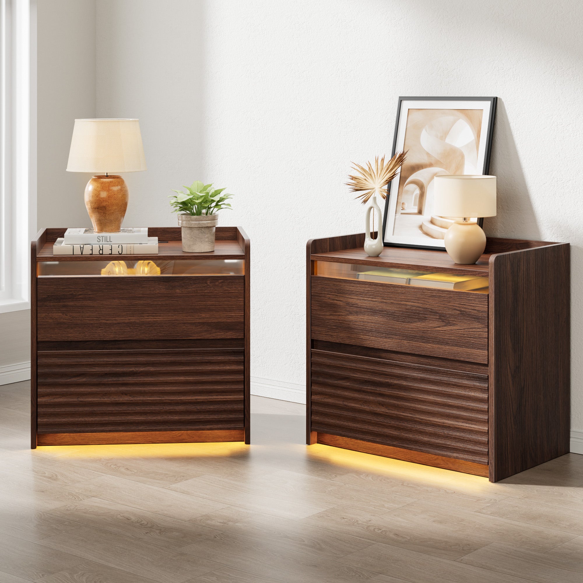 Qwatto Fluted Bedside Nightstand with Charging Station LED Light 2 Drawer Storage Cabinet Walnut Modern Side Table Bedroom Storage Cabinet