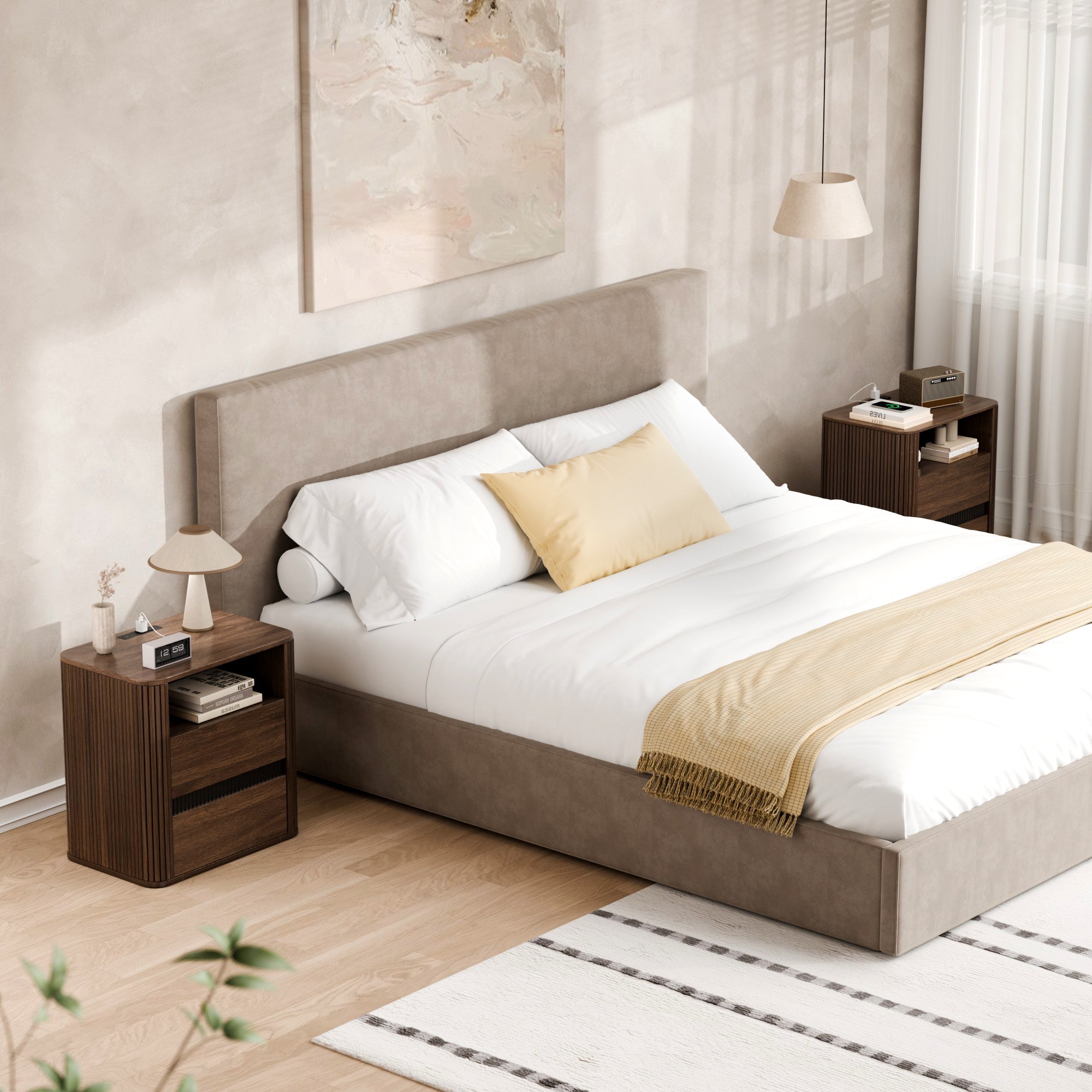 Wide Walnut Nightstand with Charging Station 2 Drawers Roller Shutter Storage Modern Bedside Table Rounded End Table Bedroom Office 26 Inch