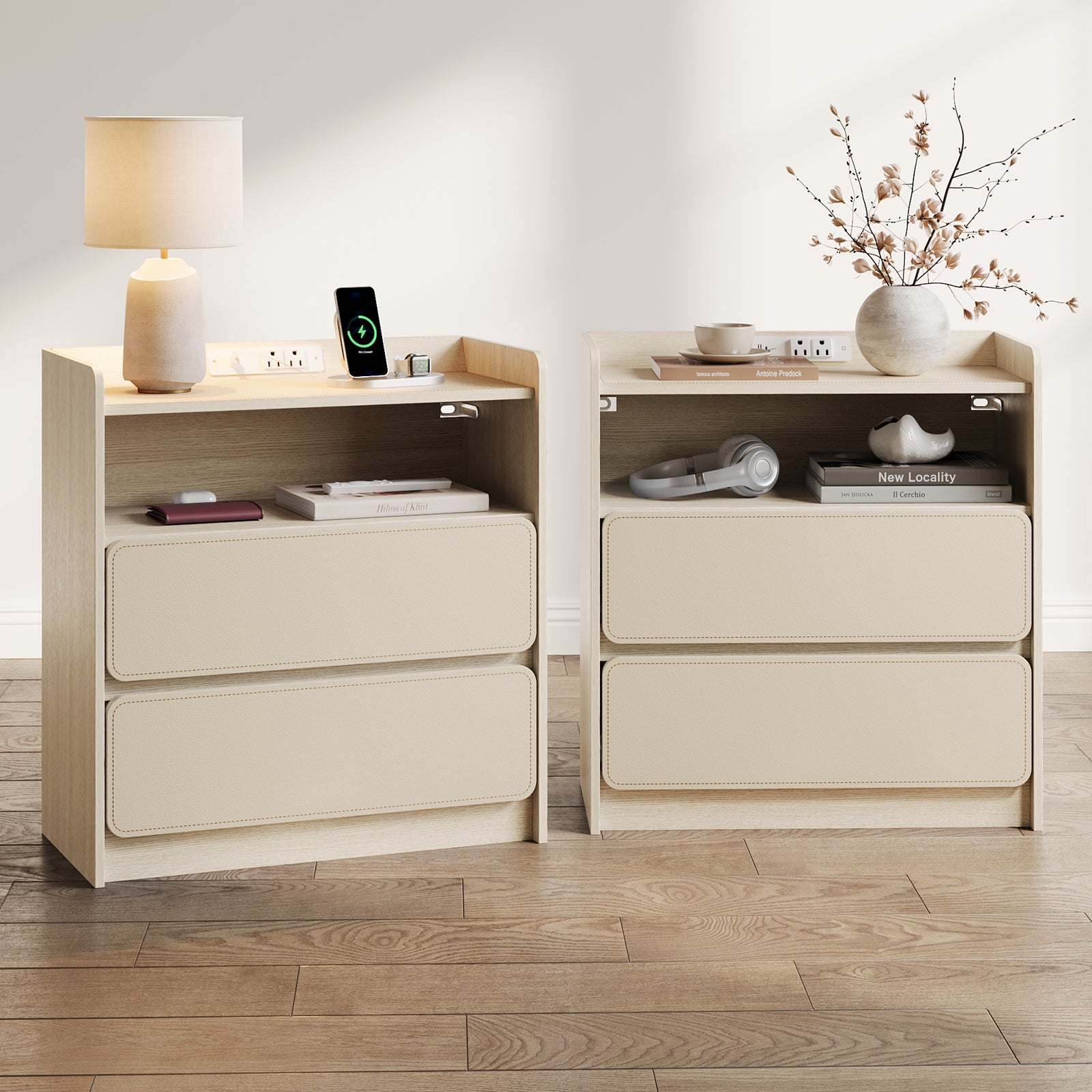 Qwatto Nightstand with Charging Station 2 Drawer Saddle Leather Bedside Table Modern Wood Side End Table Storage Cabinet Bedroom Furniture Beechwood