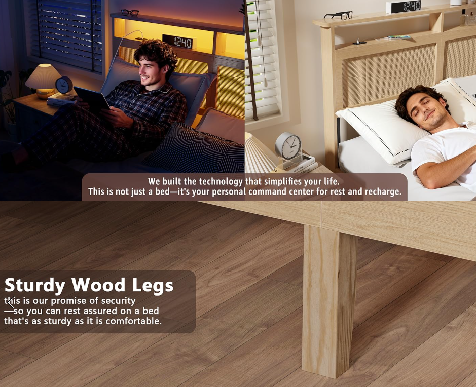 Queen Size Bed Frame Rattan Headboard with LED Lights and Charging Station Boho Bedframe with Storage Shelf and Under Bed Storage Solid Wood Support