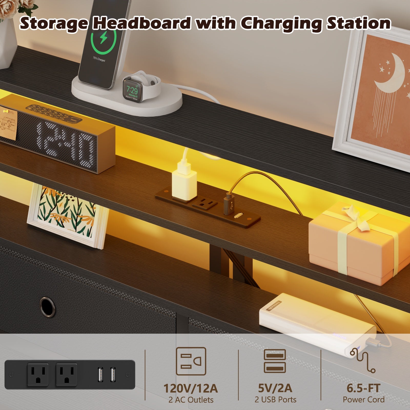 Furnulem Bed Frames with Charging Station and LED Lights, Wood Headboard with 2 Fabric Drawers and Storage Shelves