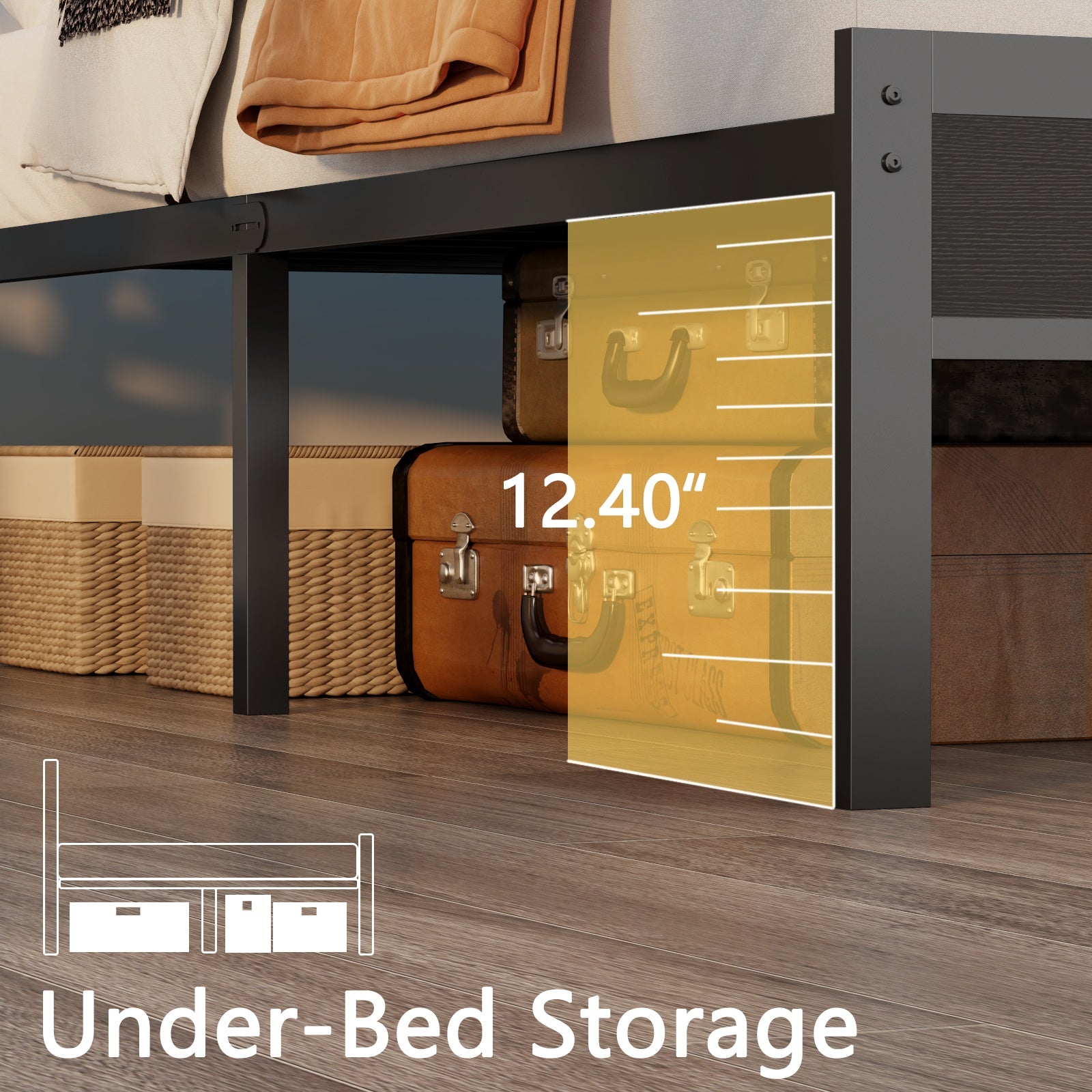 Furnulem Bed Frames with Charging Station and LED Lights, Wood Headboard with 2 Fabric Drawers and Storage Shelves