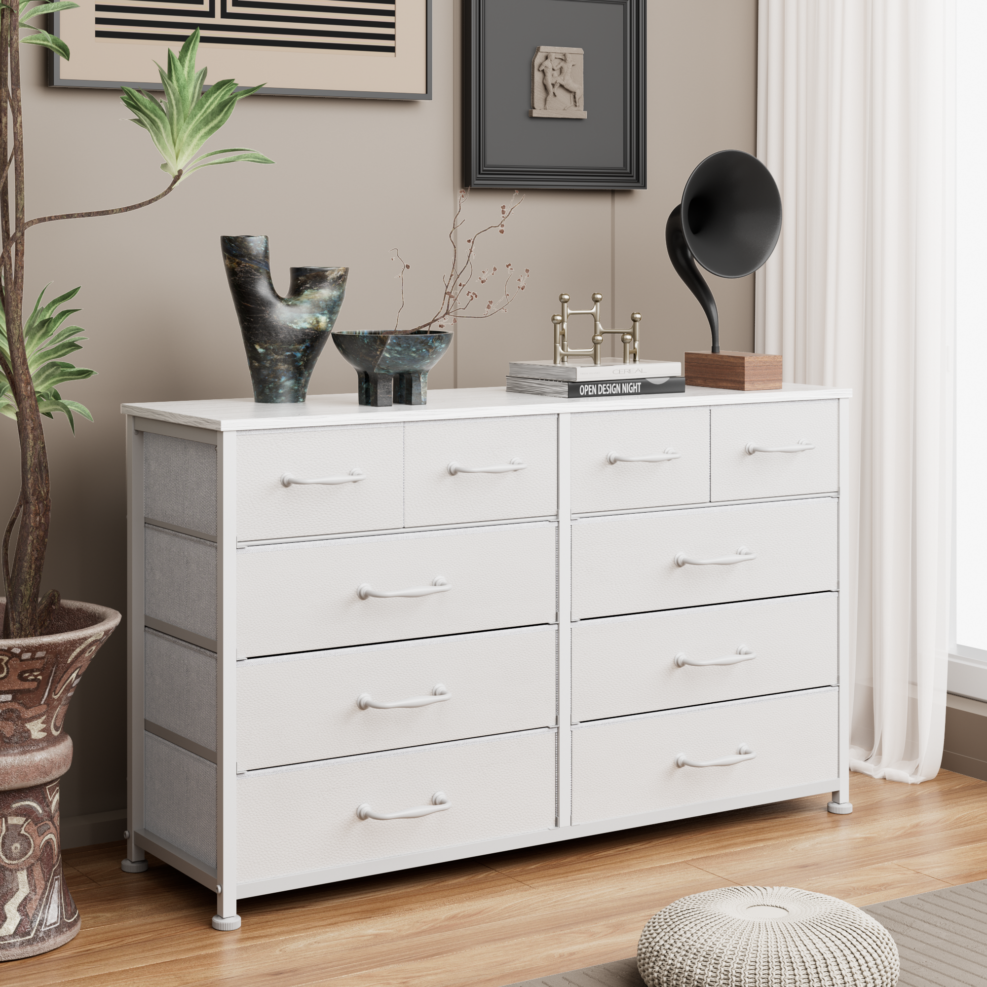 White Dresser for Bedroom with 10 Drawer Entertainment Center for 40-45-50 inch Modern Tv Stand & Chest of Drawers for Living Room Hallway Entryway