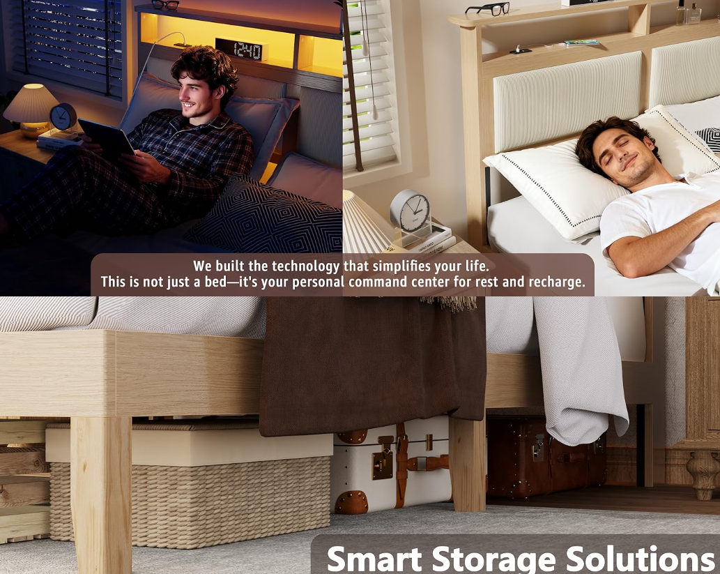 Queen Bed Frame with Headboard Upholstered Corduroy Bedframe with LED Lights and Charging Station Frame with Storage Shelf and Under Bed Storage
