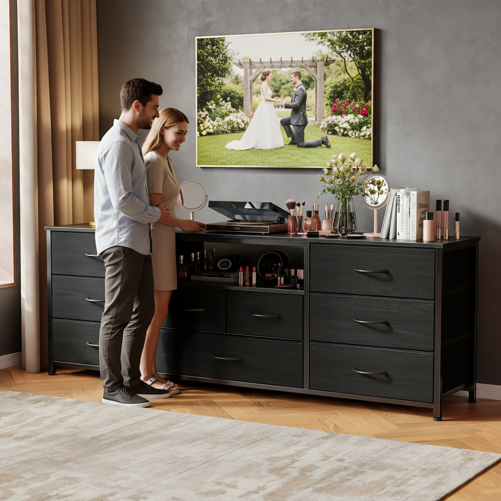 9 Drawer Dresser 55” Long TV Stand for Bedroom Entertainment Center with Power Outlet LED Light for 55"-65" TV Dresser with Fabric Storage Black