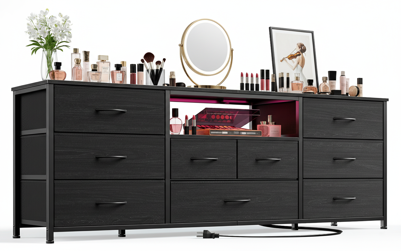 9 Drawer Dresser 55” Long TV Stand for Bedroom Entertainment Center with Power Outlet LED Light for 55"-65" TV Dresser with Fabric Storage Black