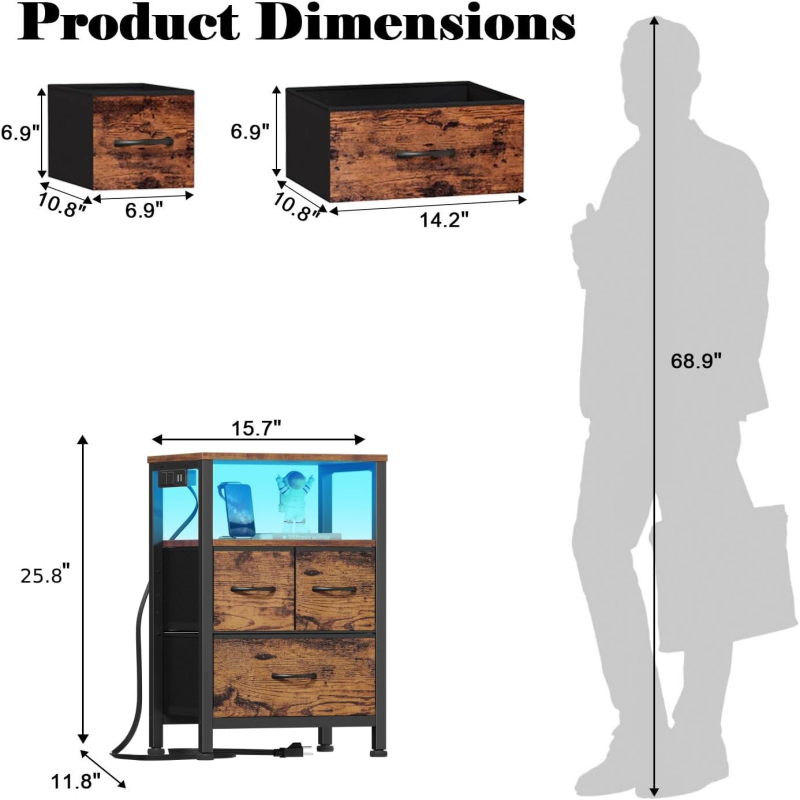 Furnulem Tall LED Dresser with Charging Station and Multi-Drawers